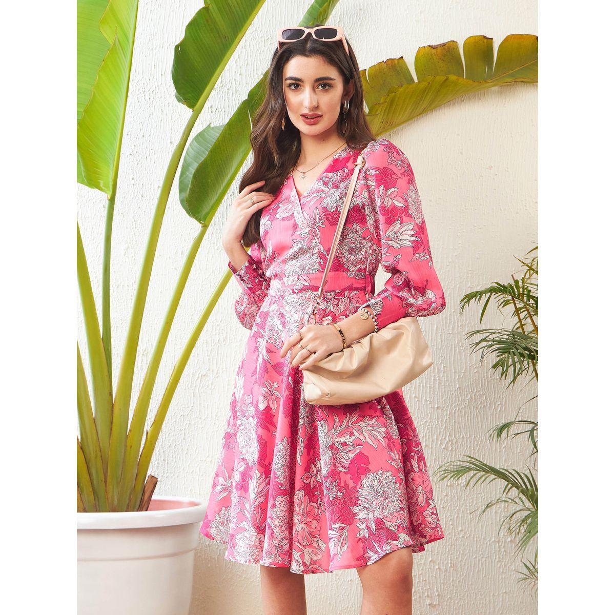 فستان بطول الركبة مطبع بزهور مع نمط لف ساسافراس × ستايلي-women-clothing-dresses-image-7