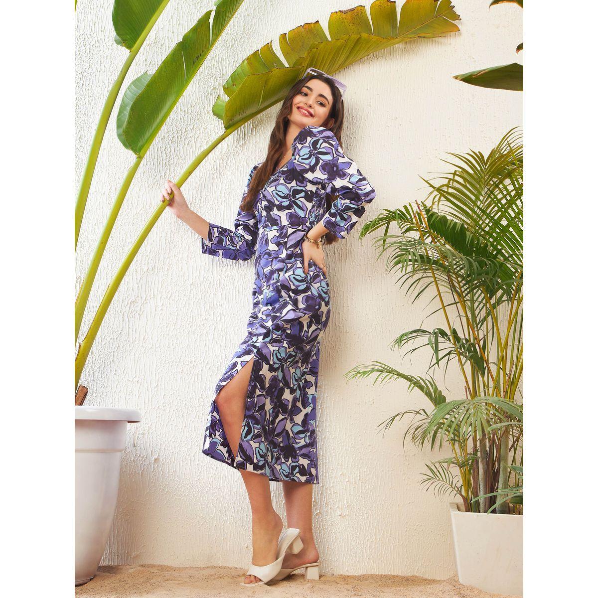 فستان ميدي مطبع بزهور مع ياقة قلب ساسافراس × ستايلي-women-clothing-dresses-image-1
