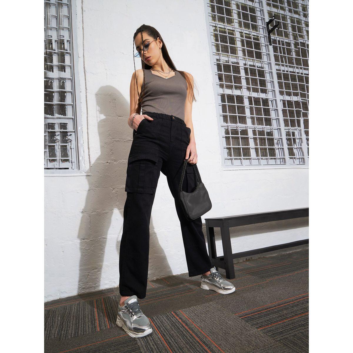 جينز كارجو بخصر عالي مع جيوب ساسافراس × ستايلي-women-clothing-bottoms-jeans-image-2