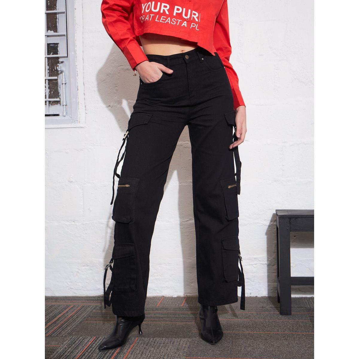 جينز كارجو بارجل مستقيمة وجيوب بسحَّاب غلق ساسافراس × ستايلي-women-clothing-bottoms-jeans-image-1