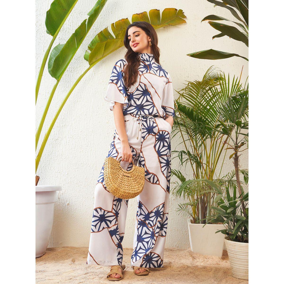 Sassafras X Styli  Abstract Print High Neck Top with Short Sleeves & Wide Leg Pants Co-Ord-women-clothing-coordsets-image-1