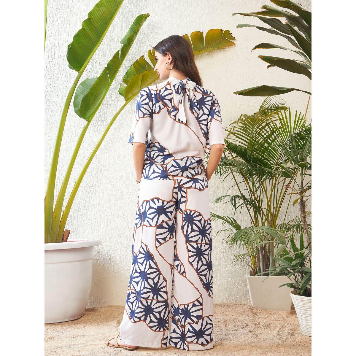 Sassafras X Styli  Abstract Print High Neck Top with Short Sleeves & Wide Leg Pants Co-Ord-women-clothing-coordsets-image-6