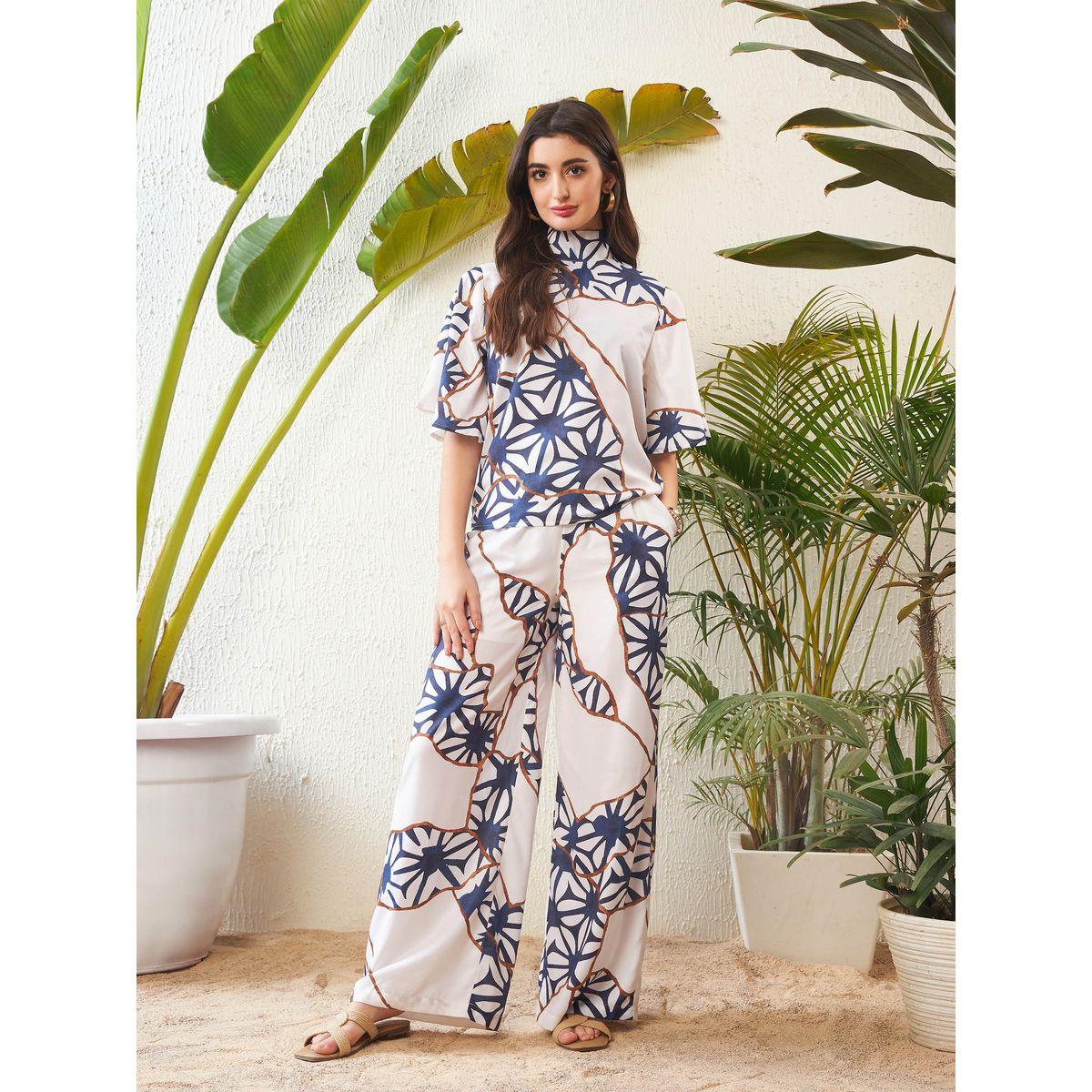 Sassafras X Styli  Abstract Print High Neck Top with Short Sleeves & Wide Leg Pants Co-Ord-women-clothing-coordsets-image-7