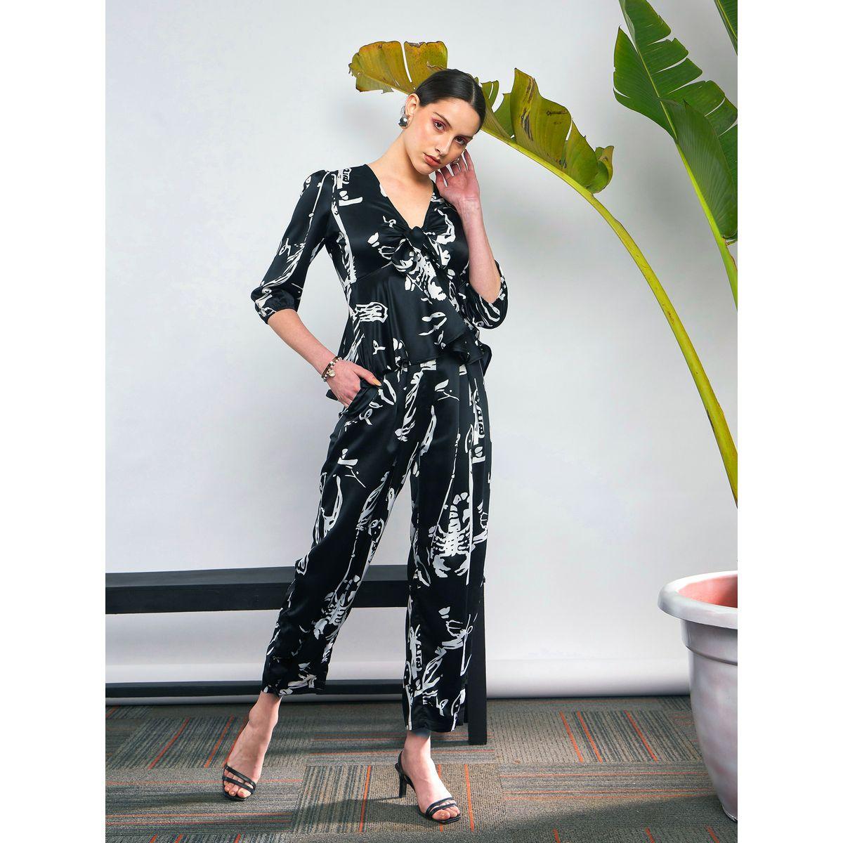 طقم منسق من بنطال مع بلوزة بطبعة مجردة واربطة ساسافراس × ستايلي-women-clothing-coordsets-image-1
