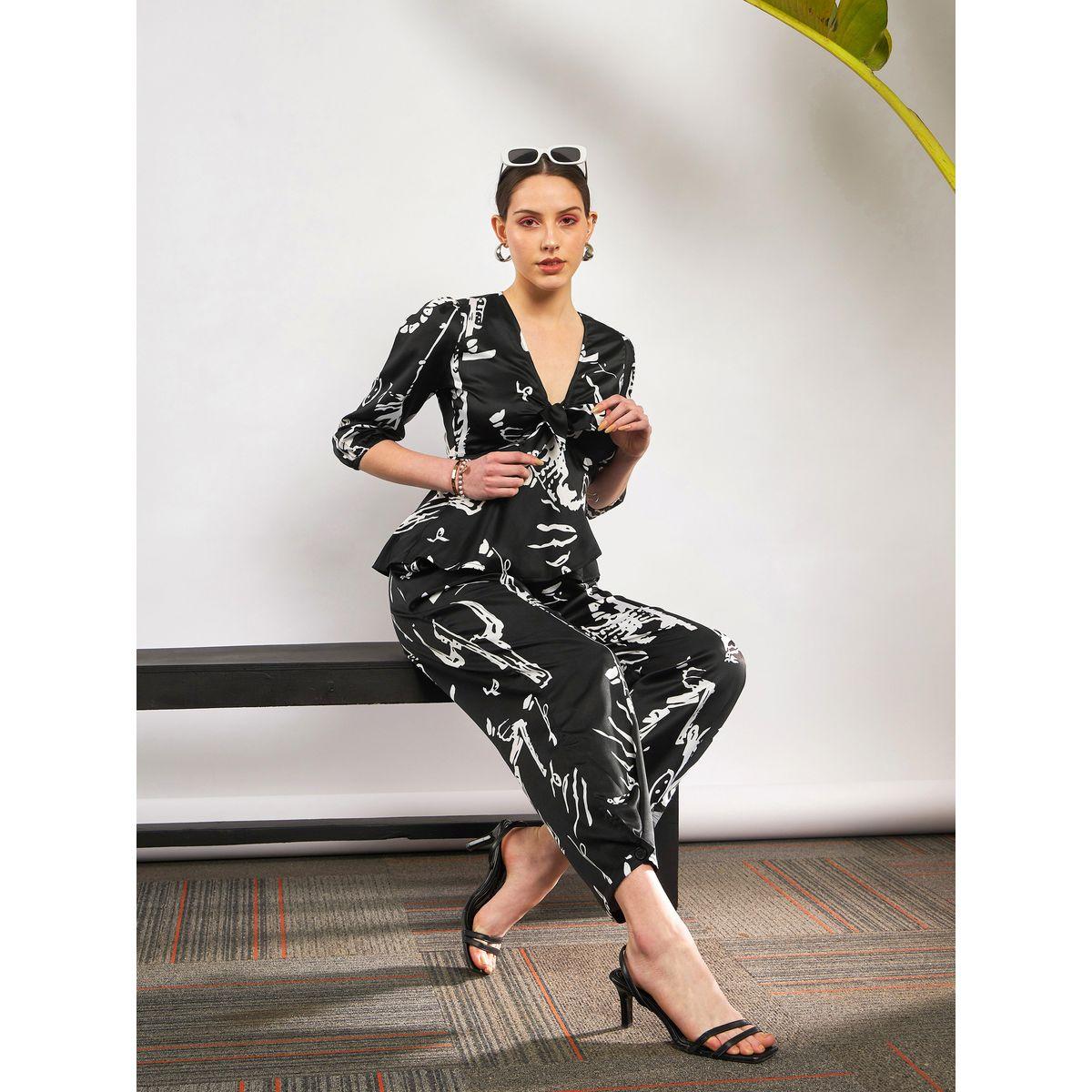 طقم منسق من بنطال مع بلوزة بطبعة مجردة واربطة ساسافراس × ستايلي-women-clothing-coordsets-image-2