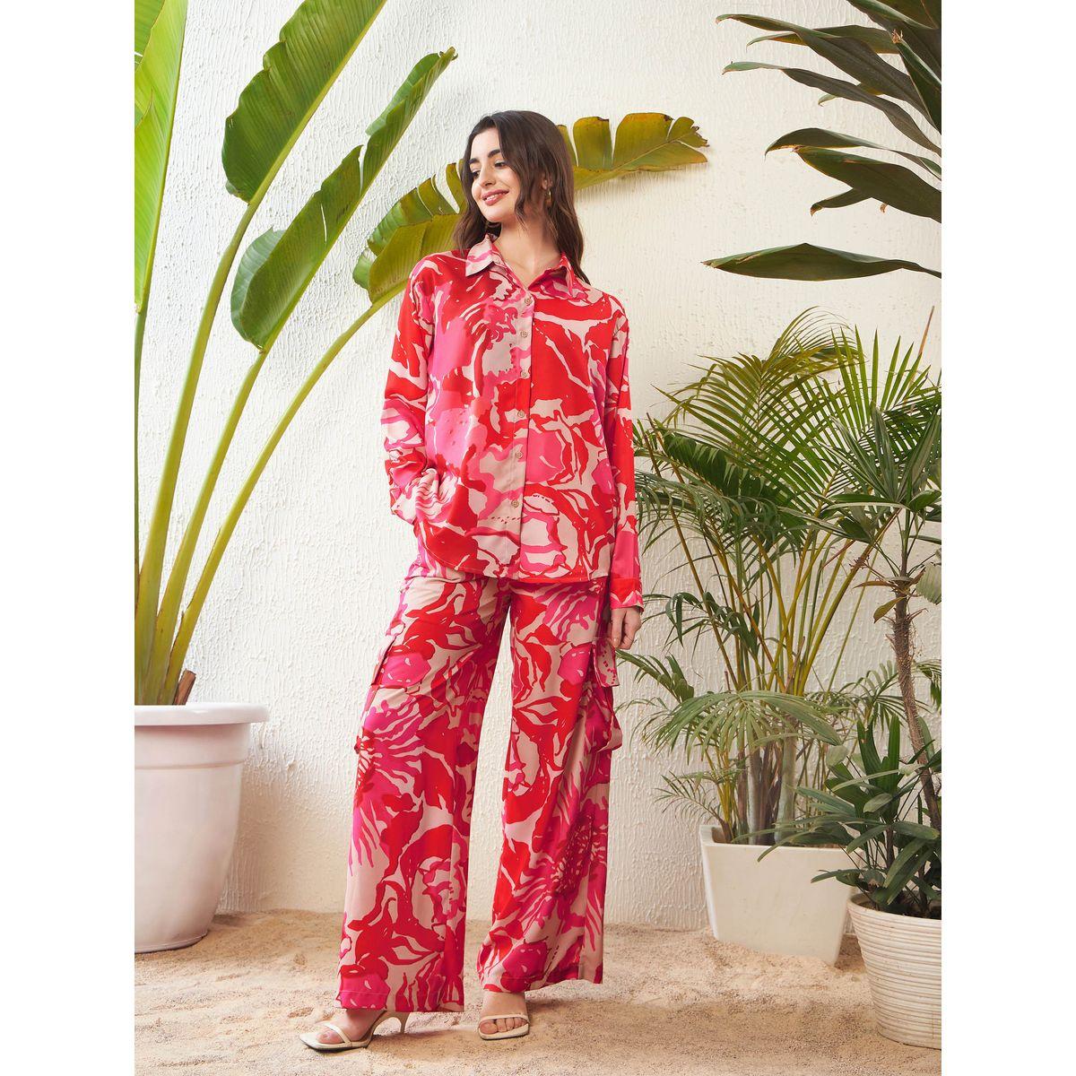 Sassafras X Styli  Oversized Floral Print Shirt & Flap Pocket Wide Leg Pants Co-Ord-women-clothing-coordsets-image-1