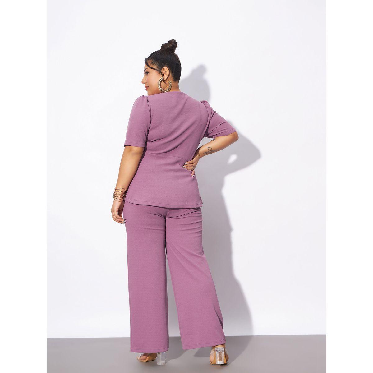 طقم منسق من بنطال مع بلوزة بمقاس كبير وازرار ساسافراس × ستايلي-women-clothing-coordsets-image-2