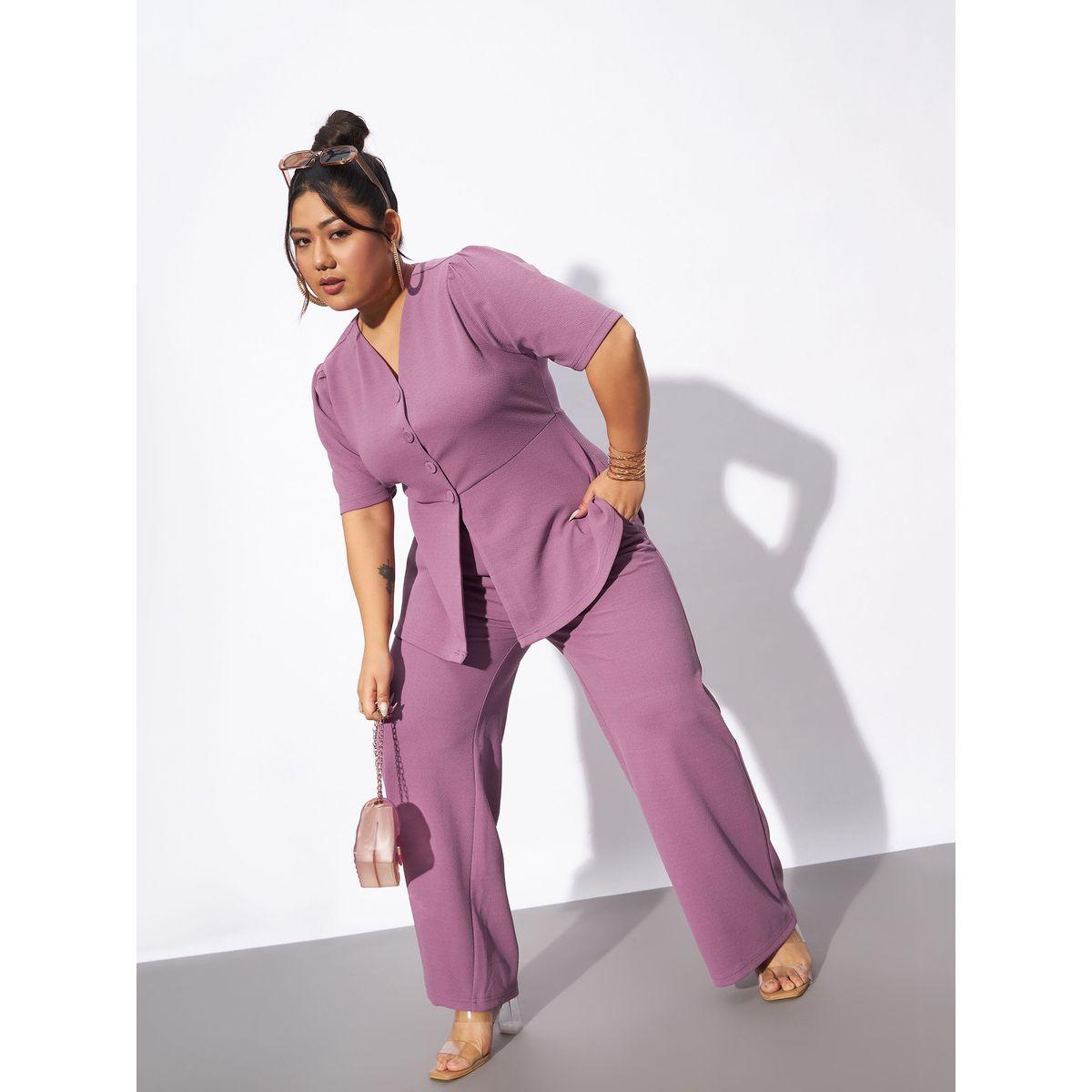 طقم منسق من بنطال مع بلوزة بمقاس كبير وازرار ساسافراس × ستايلي-women-clothing-coordsets-image-1