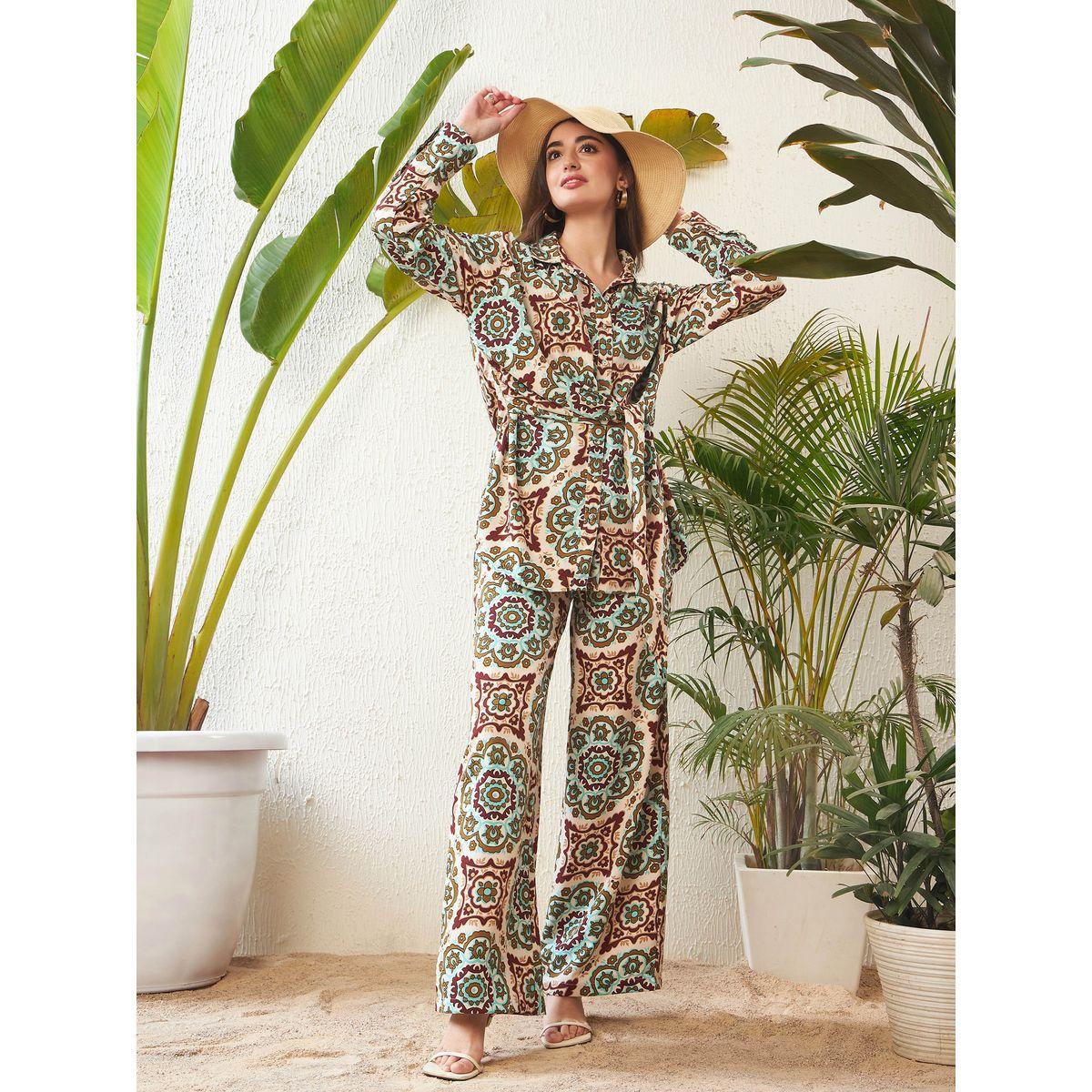 طقم منسق من بنطال بارجل واسعة مع بلوزة باربطة ساسافراس × ستايلي-women-clothing-coordsets-image-1
