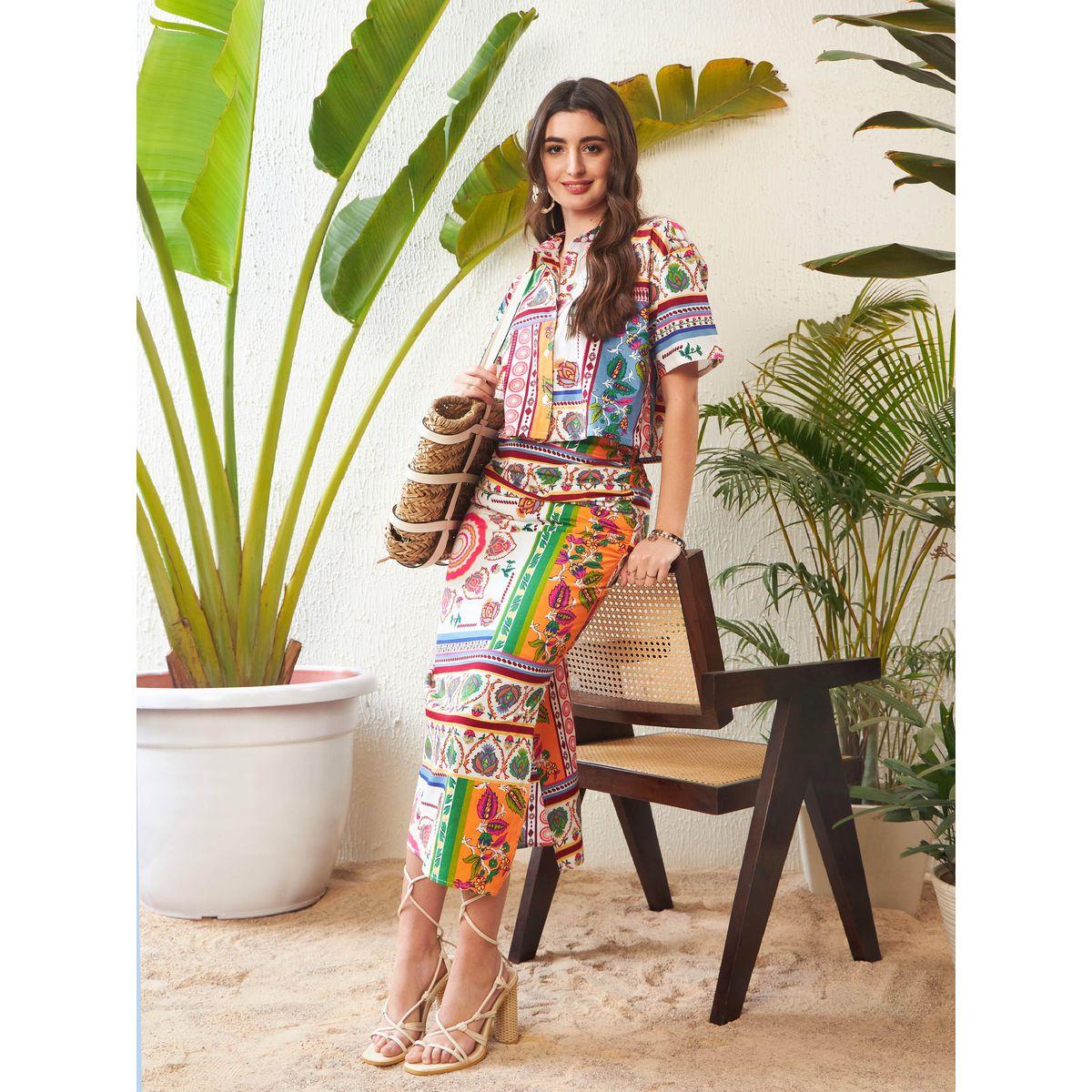Sassafras X Styli  Abstract Print Short Sleeve Crop Shirt & Ruched Side Slit Skirt Co-Ord-women-clothing-coordsets-image-1