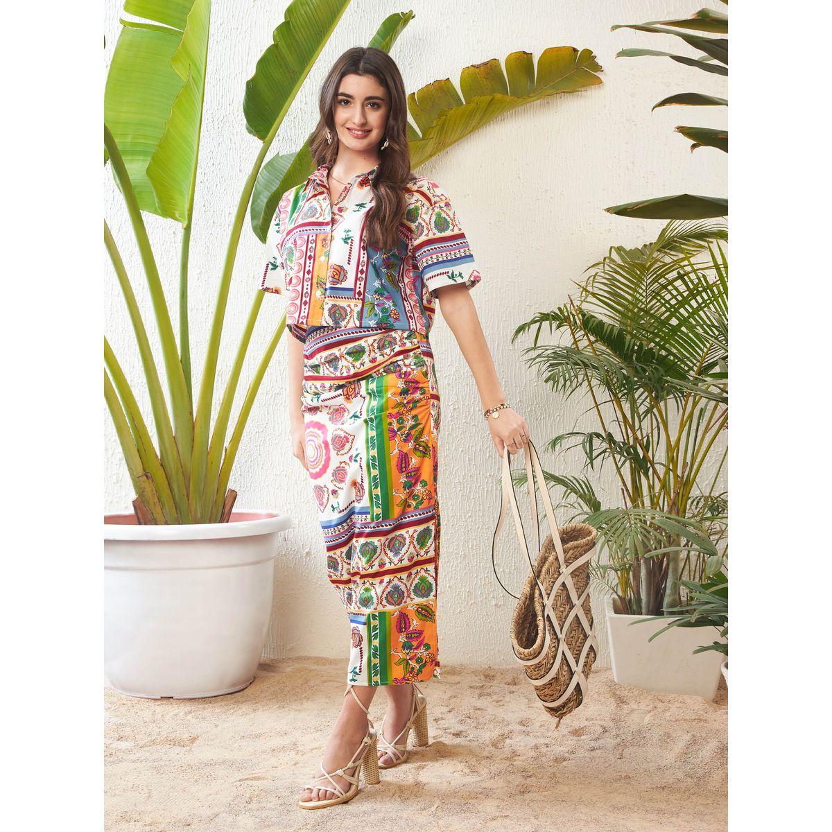 Sassafras X Styli  Abstract Print Short Sleeve Crop Shirt & Ruched Side Slit Skirt Co-Ord-women-clothing-coordsets-image-2