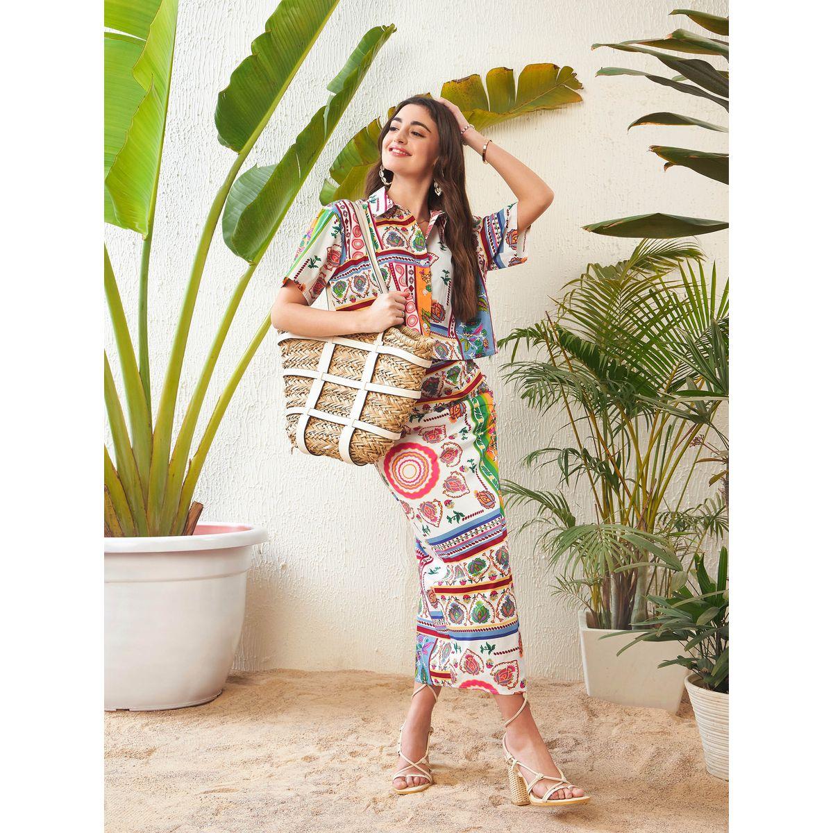 Sassafras X Styli  Abstract Print Short Sleeve Crop Shirt & Ruched Side Slit Skirt Co-Ord-women-clothing-coordsets-image-3