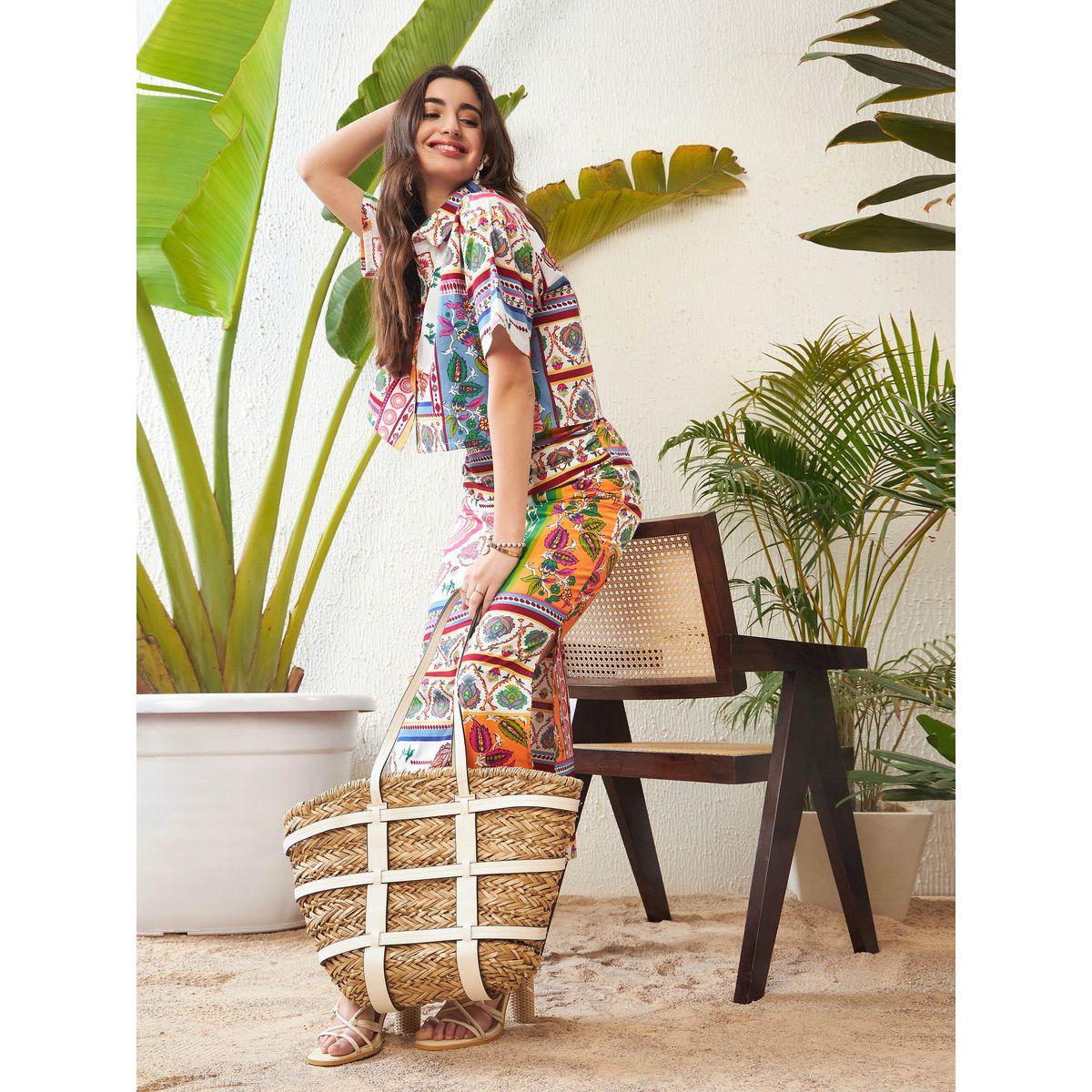 Sassafras X Styli  Abstract Print Short Sleeve Crop Shirt & Ruched Side Slit Skirt Co-Ord-women-clothing-coordsets-image-4