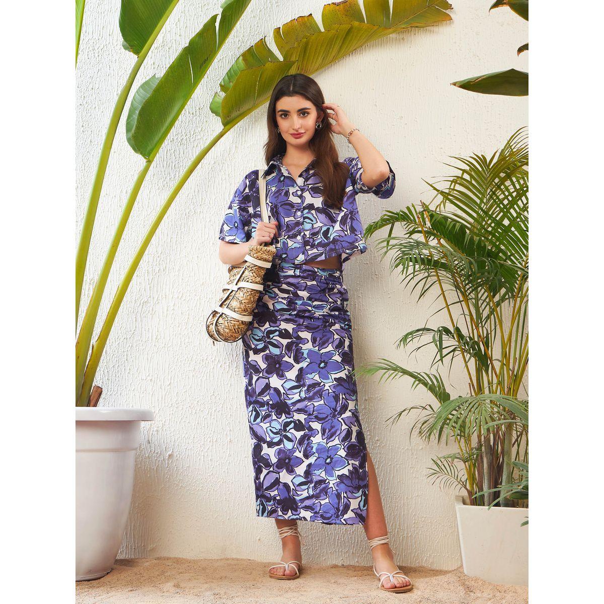 Sassafras X Styli  Floral Print Crop Shirt with Short Sleeves & Side Ruched Slit Skirt Co-Ord-women-clothing-coordsets-image-11