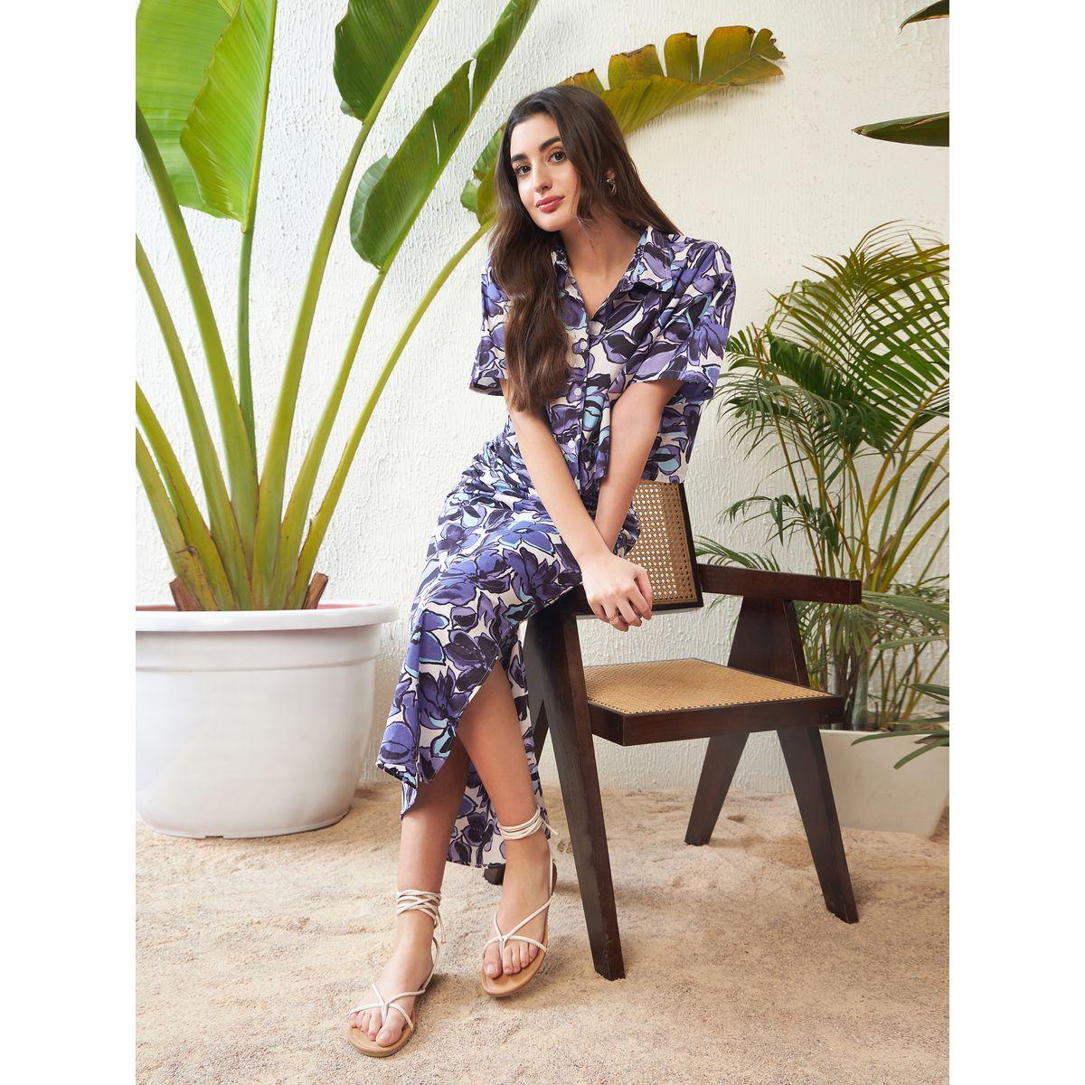 Sassafras X Styli  Floral Print Crop Shirt with Short Sleeves & Side Ruched Slit Skirt Co-Ord-women-clothing-coordsets-image-12