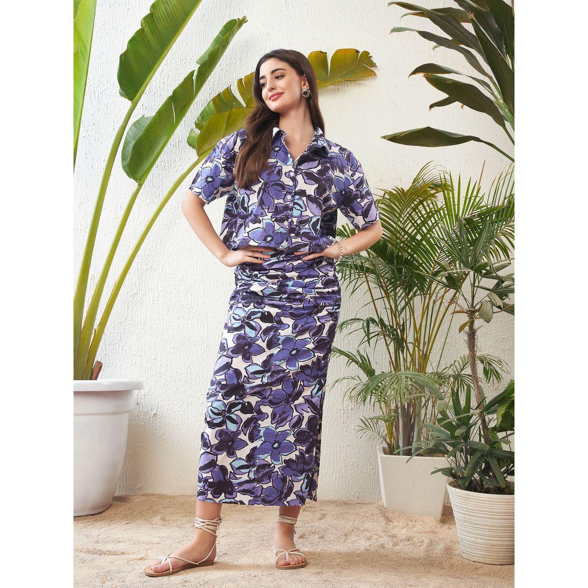 Sassafras X Styli  Floral Print Crop Shirt with Short Sleeves & Side Ruched Slit Skirt Co-Ord-women-clothing-coordsets-image-2