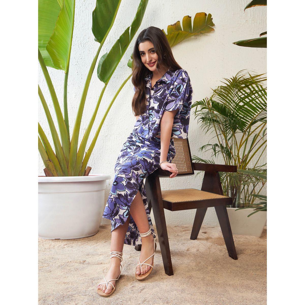 Sassafras X Styli  Floral Print Crop Shirt with Short Sleeves & Side Ruched Slit Skirt Co-Ord-women-clothing-coordsets-image-4