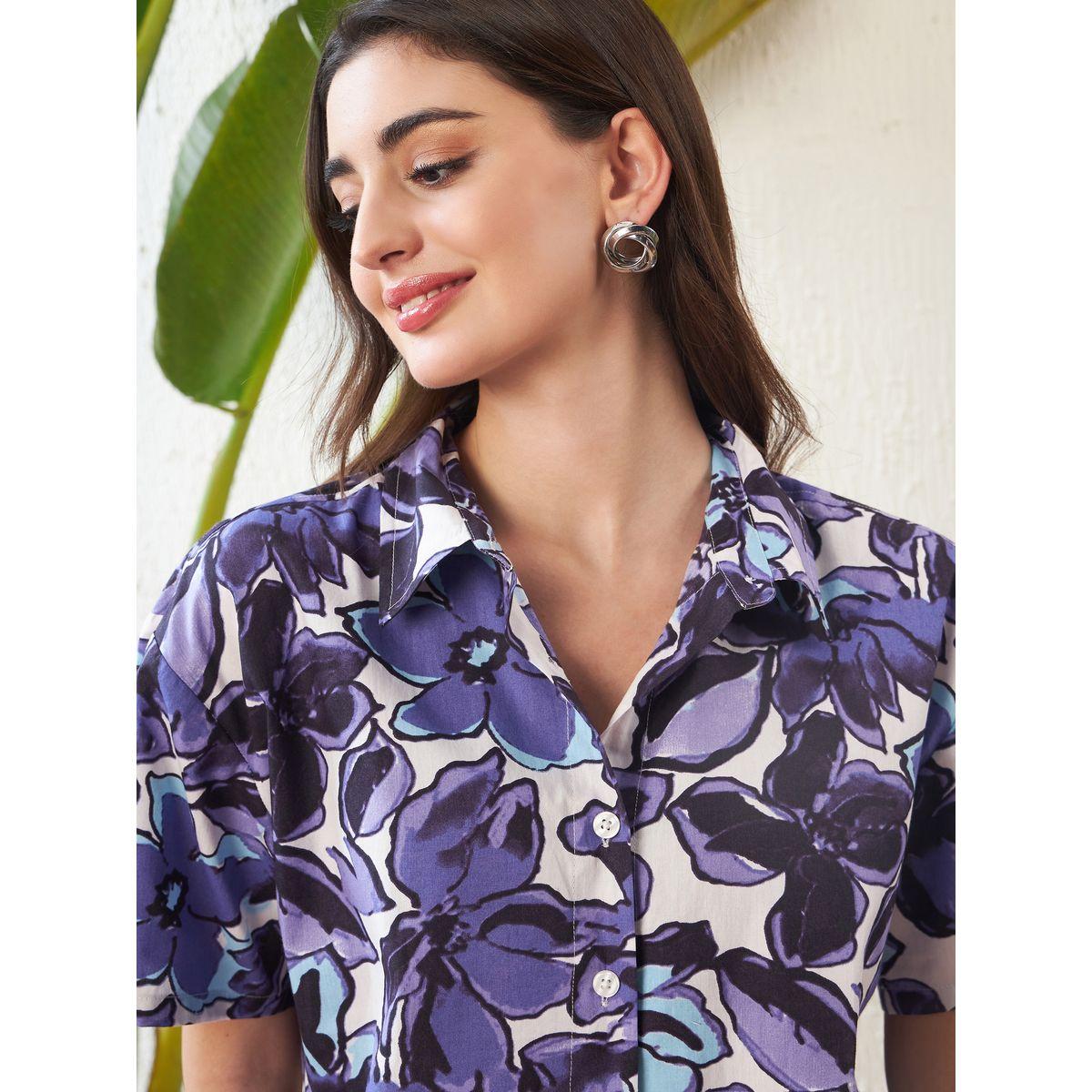 Sassafras X Styli  Floral Print Crop Shirt with Short Sleeves & Side Ruched Slit Skirt Co-Ord-women-clothing-coordsets-image-7