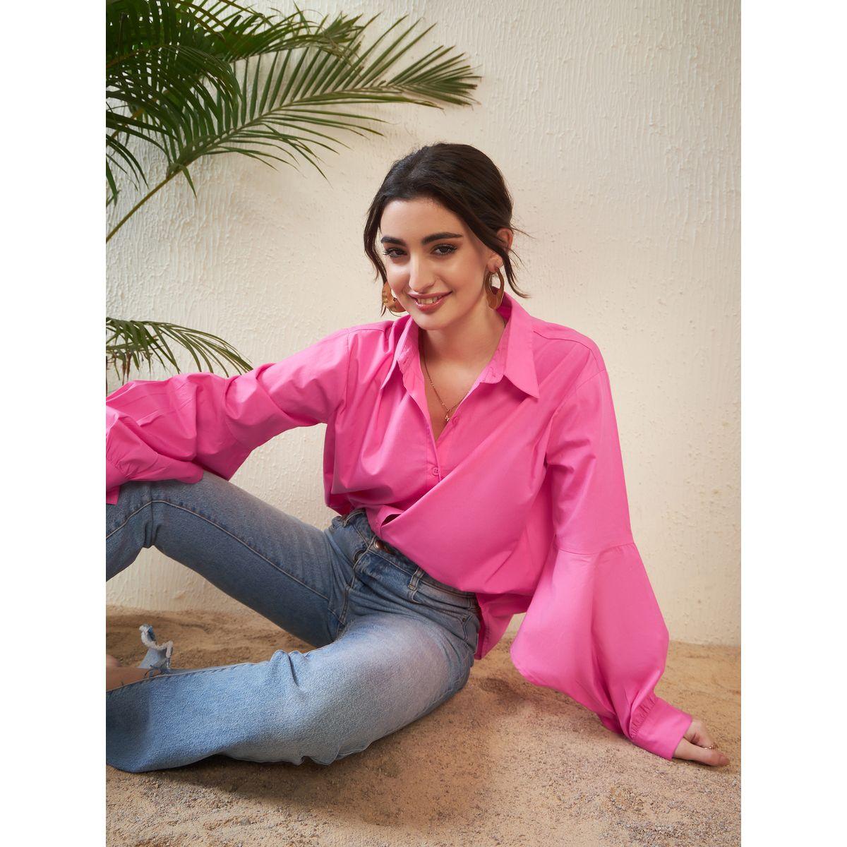 Sassafras X Styli  Solid Shirt with Bishop Sleeves-women-clothing-shirtsandblouses-shirts-image-2