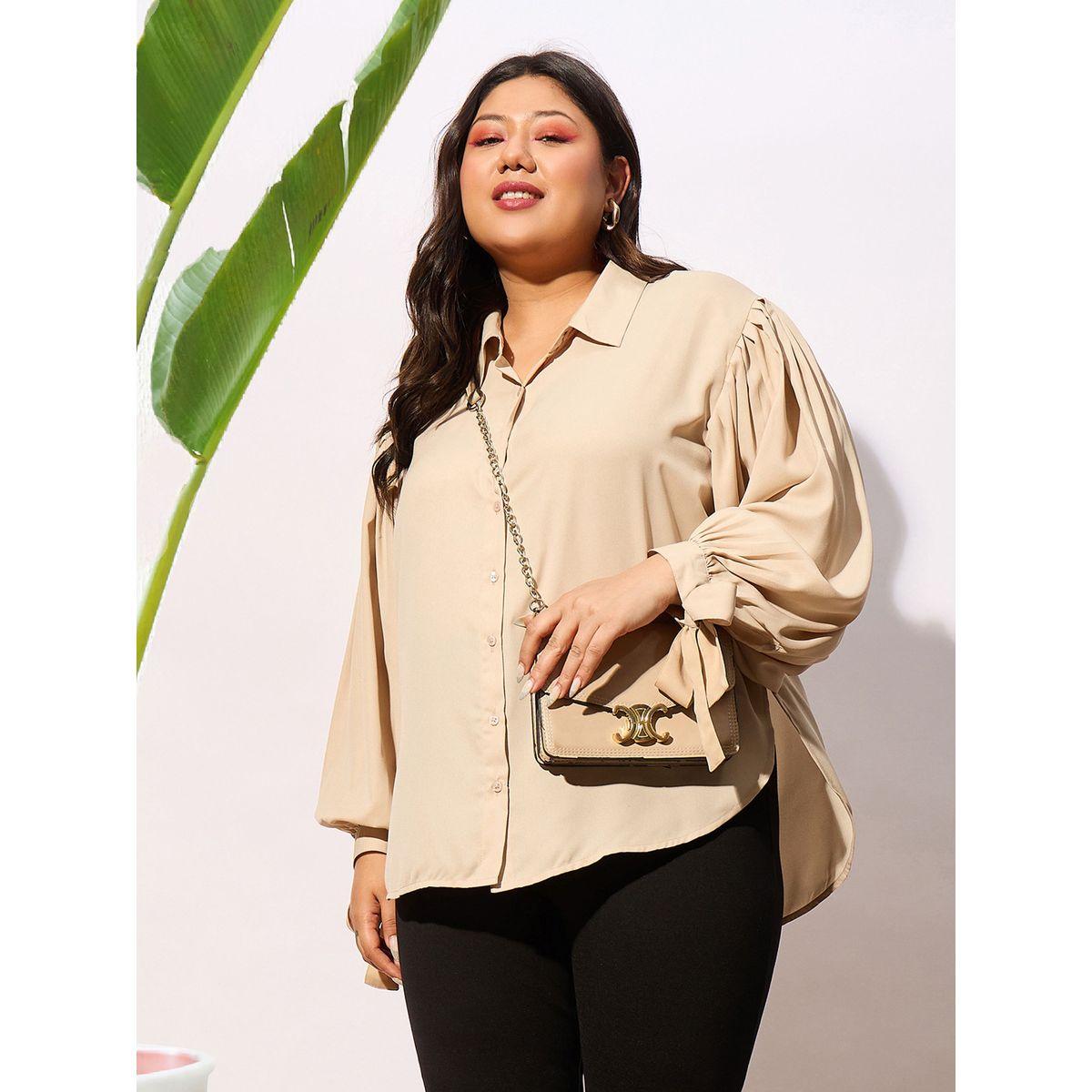 Sassafras X Styli  Plus Solid Knot Cuff Detail Regular Shirt-women-clothing-shirtsandblouses-shirts-image-1