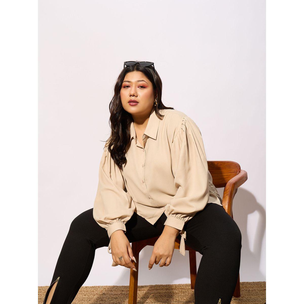 Sassafras X Styli  Plus Solid Knot Cuff Detail Regular Shirt-women-clothing-shirtsandblouses-shirts-image-2