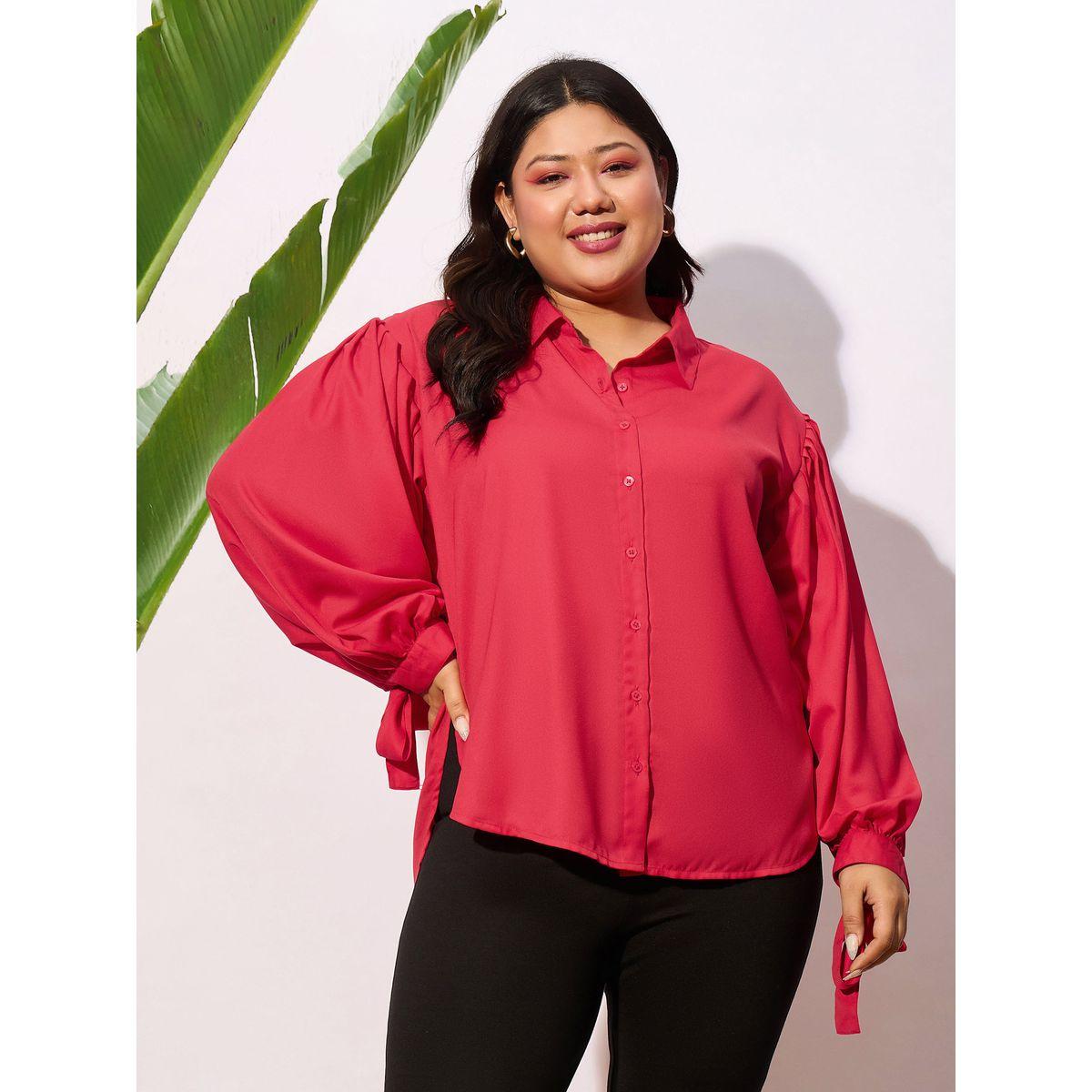 Sassafras X Styli  Plus Solid Knot Cuff Detail Regular Shirt-women-clothing-shirtsandblouses-shirts-image-1