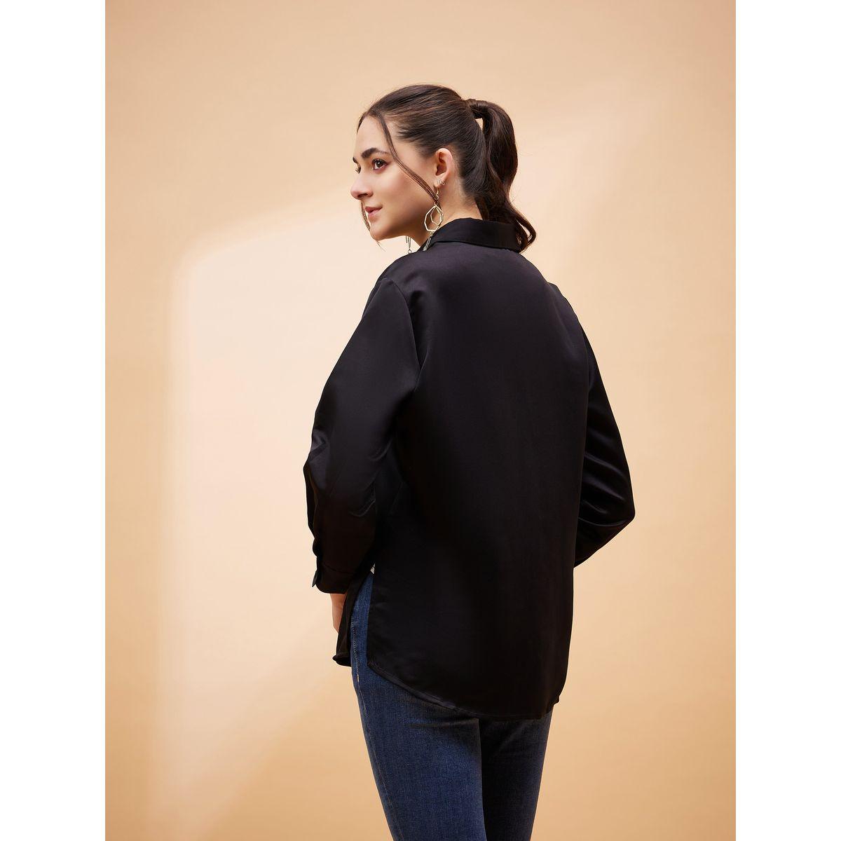 Sassafras X Styli  Solid Satin Shirt with Long Sleeves-women-clothing-shirtsandblouses-shirts-image-5
