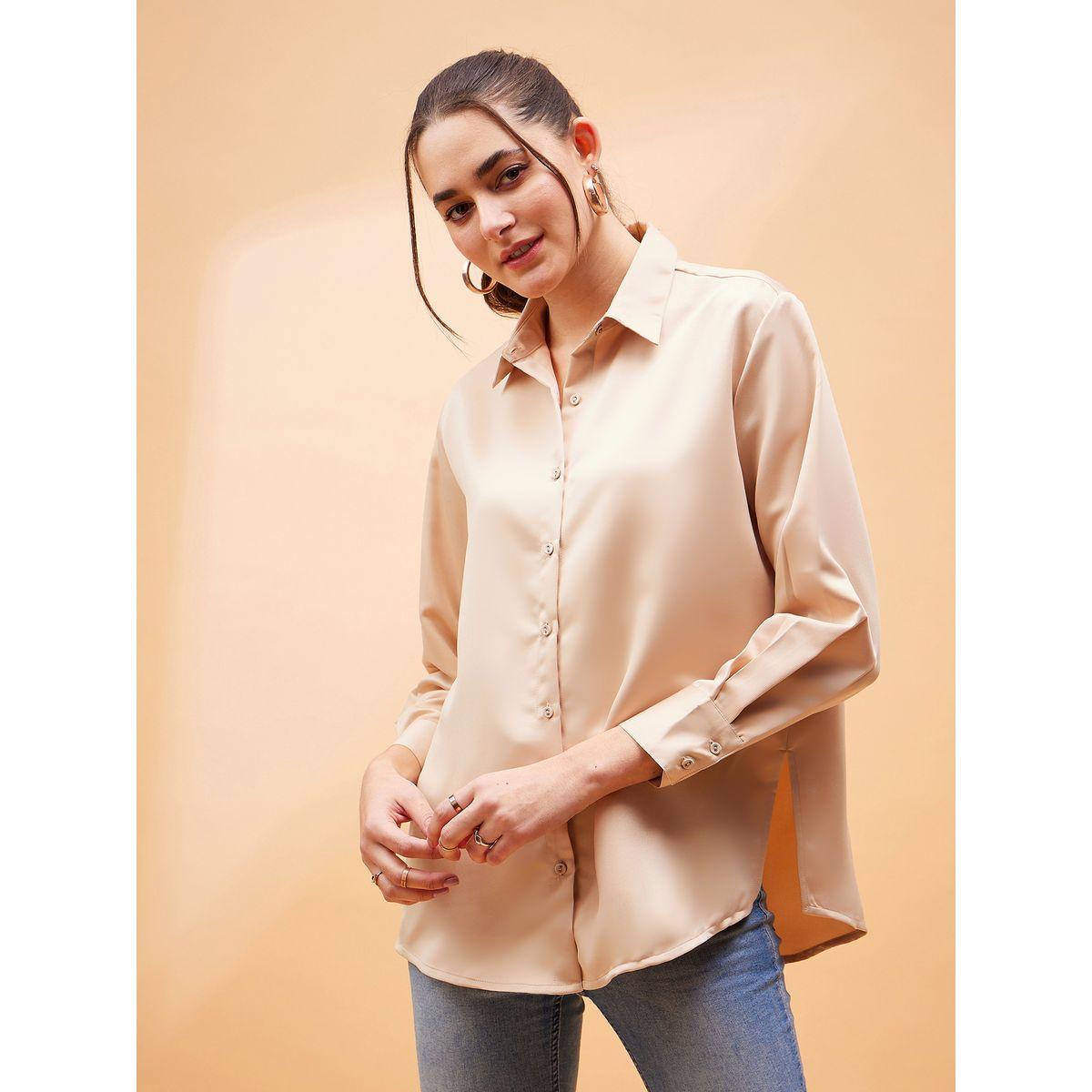 Sassafras X Styli  Solid Satin Shirt with Long Sleeves-women-clothing-shirtsandblouses-shirts-image-1