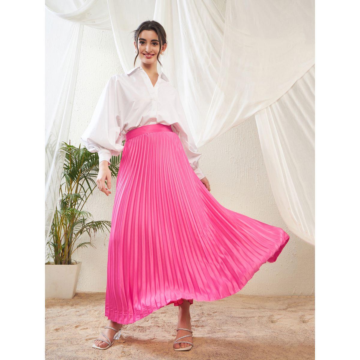 تنورة ساتان طويلة مزينة بكسرات ساسافراس × ستايلي-women-clothing-bottoms-skirts-image-1