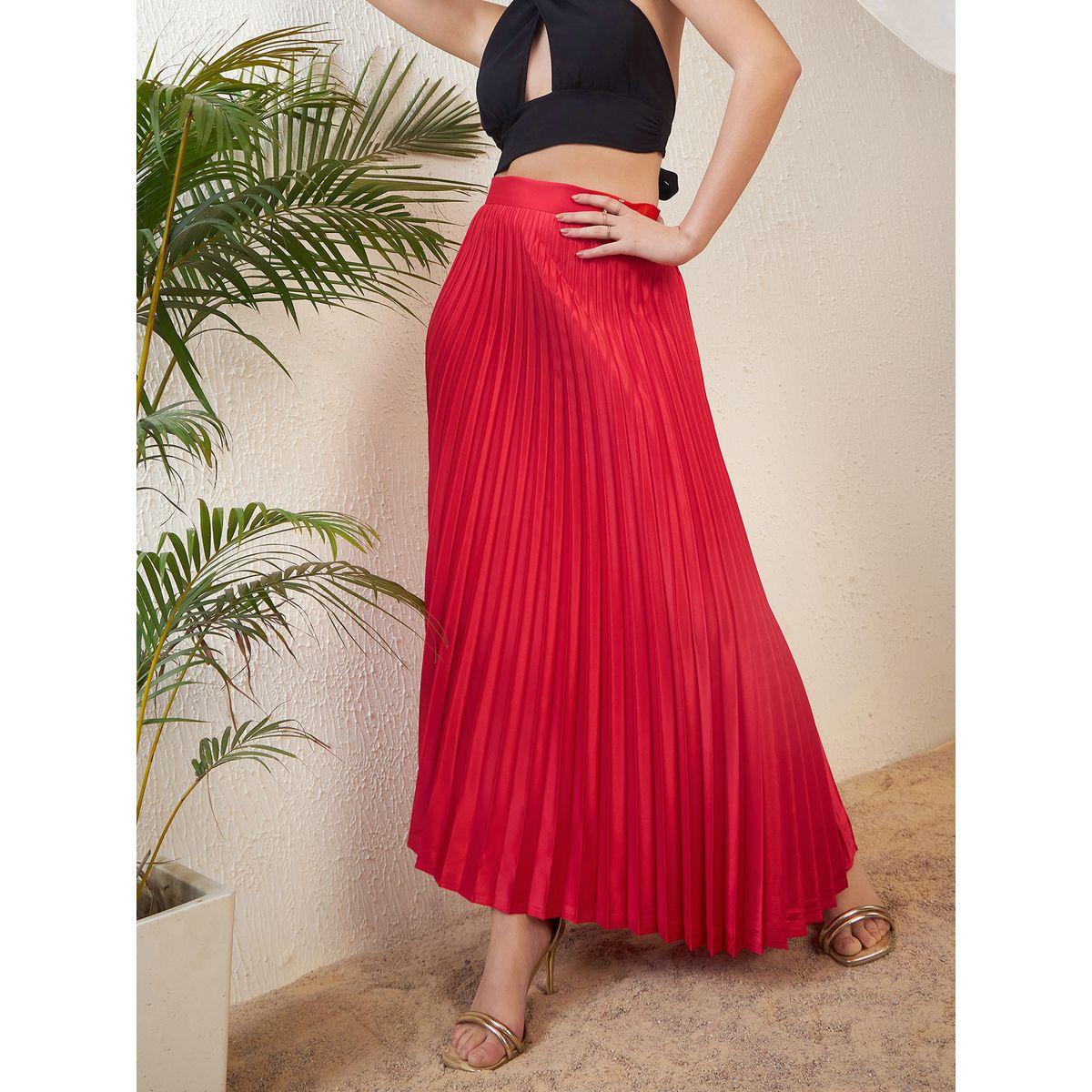 تنورة ساتان طويلة مزينة بكسرات ساسافراس × ستايلي-women-clothing-bottoms-skirts-image-1