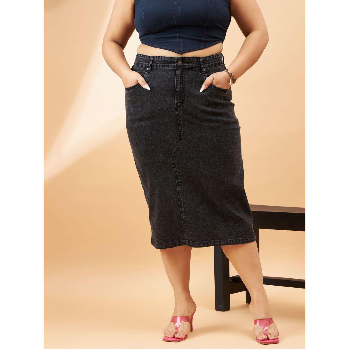 تنورة دنيم بمقاس كبير وخصر عالي مع حلقات حزام ساسافراس × ستايلي-women-clothing-bottoms-skirts-image-1