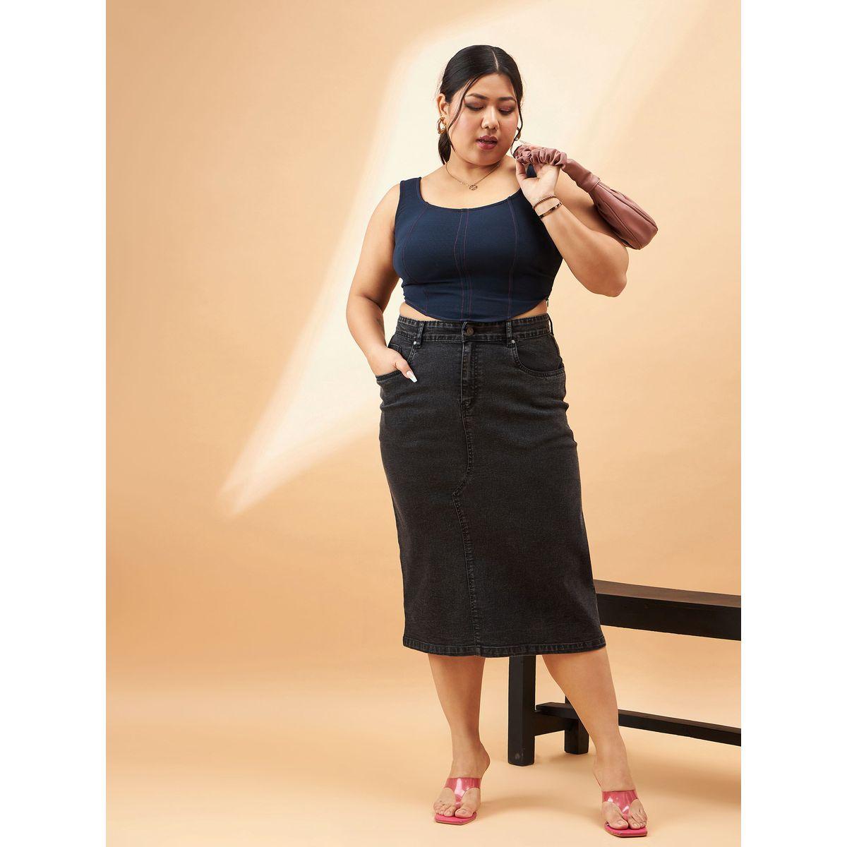 تنورة دنيم بمقاس كبير وخصر عالي مع حلقات حزام ساسافراس × ستايلي-women-clothing-bottoms-skirts-image-2