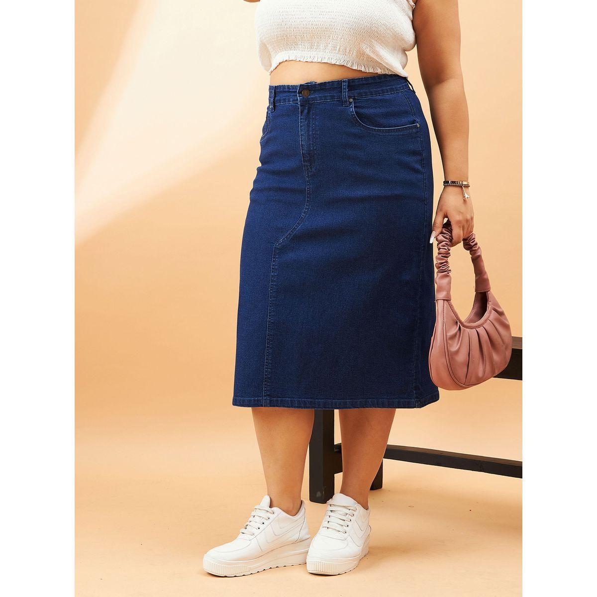 تنورة دنيم بمقاس كبير وخصر عالي مع حلقات حزام ساسافراس × ستايلي-women-clothing-bottoms-skirts-image-1