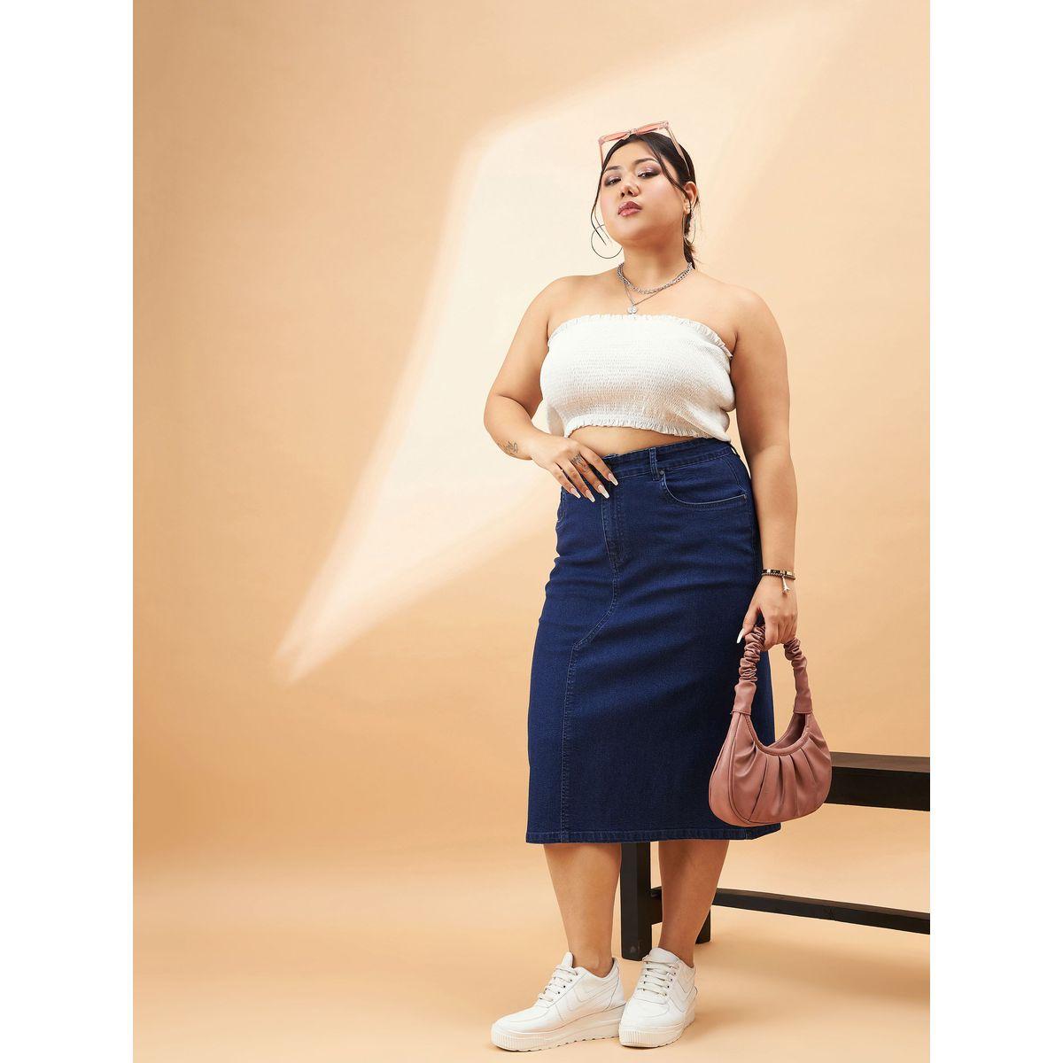 تنورة دنيم بمقاس كبير وخصر عالي مع حلقات حزام ساسافراس × ستايلي-women-clothing-bottoms-skirts-image-2