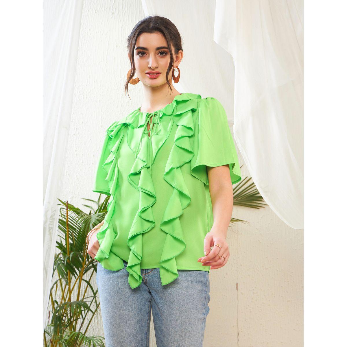 بلوزة باكمام جرس وكشكش مع ياقة بأربطة ساسافراس × ستايلي-women-clothing-shirtsandblouses-blouses-image-1
