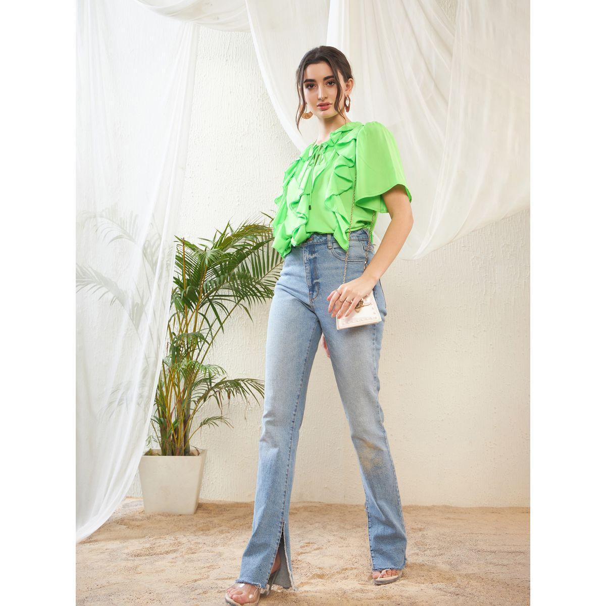 بلوزة باكمام جرس وكشكش مع ياقة بأربطة ساسافراس × ستايلي-women-clothing-shirtsandblouses-blouses-image-2