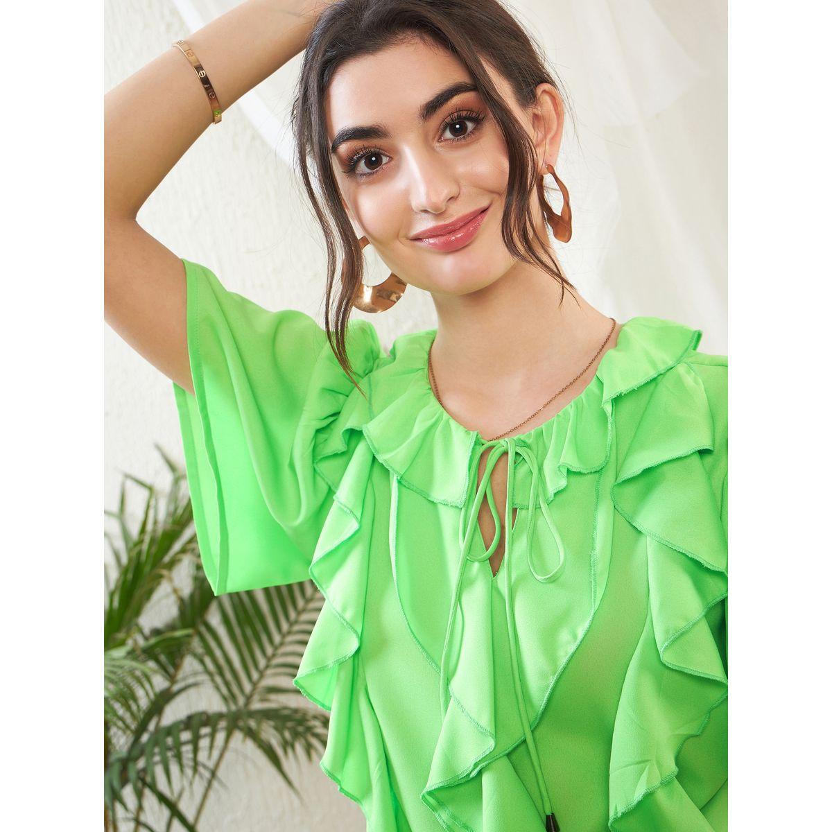 بلوزة باكمام جرس وكشكش مع ياقة بأربطة ساسافراس × ستايلي-women-clothing-shirtsandblouses-blouses-image-4
