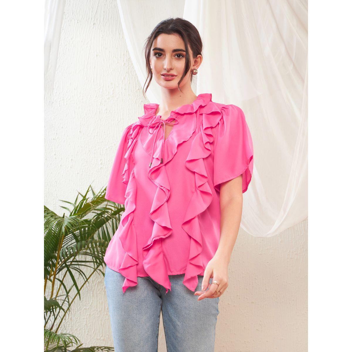 بلوزة باكمام جرس وكشكش مع ياقة بأربطة ساسافراس × ستايلي-women-clothing-shirtsandblouses-blouses-image-1
