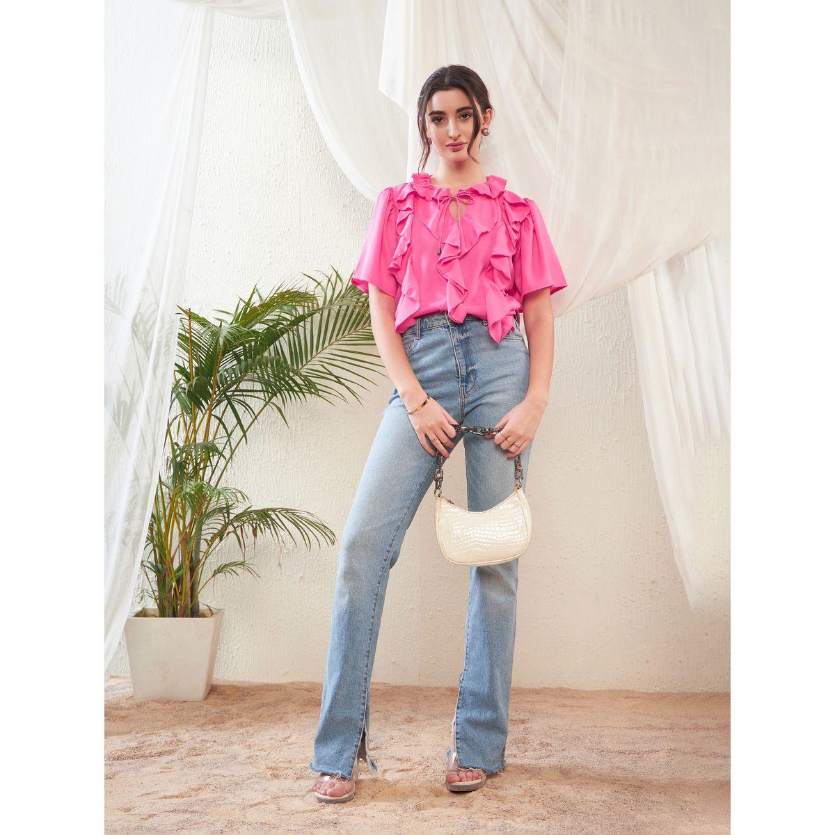 Sassafras X Styli  Ruffle Detail Tie Up Neck Top with Bell Sleeves-women-clothing-shirtsandblouses-blouses-image-2