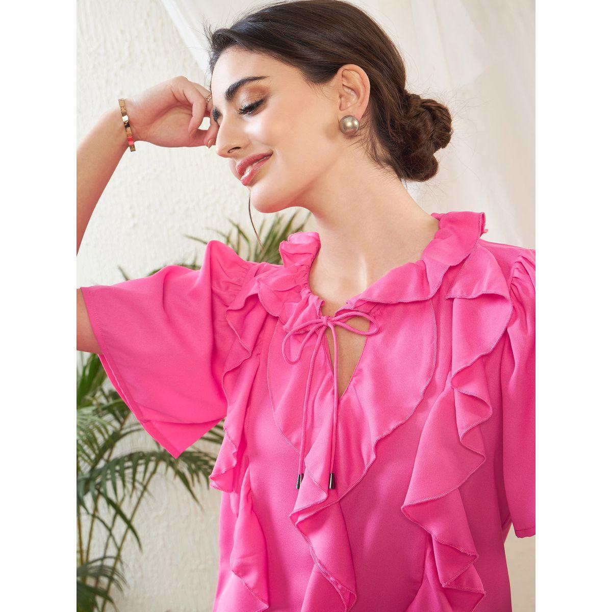 بلوزة باكمام جرس وكشكش مع ياقة بأربطة ساسافراس × ستايلي-women-clothing-shirtsandblouses-blouses-image-4