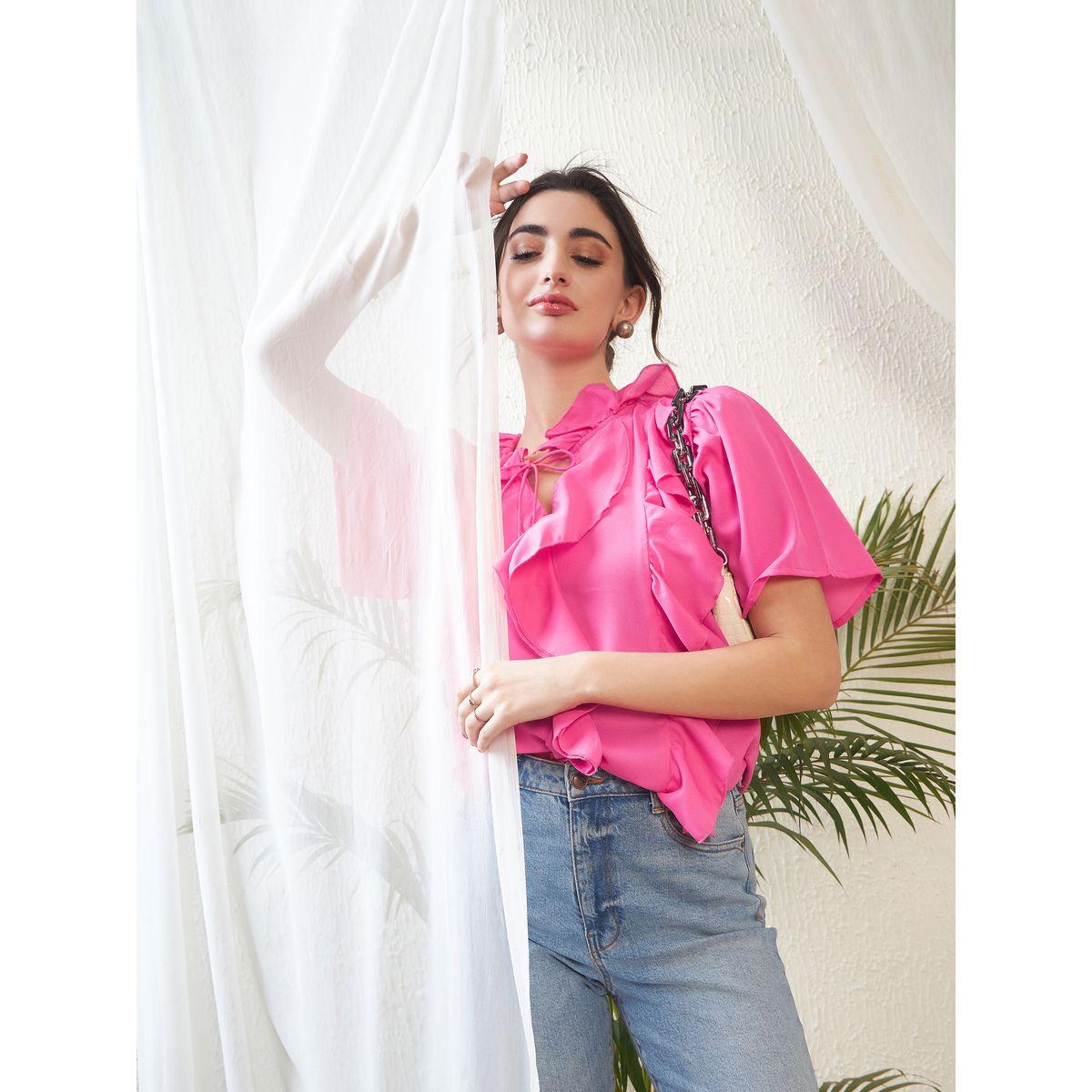Sassafras X Styli  Ruffle Detail Tie Up Neck Top with Bell Sleeves-women-clothing-shirtsandblouses-blouses-image-6