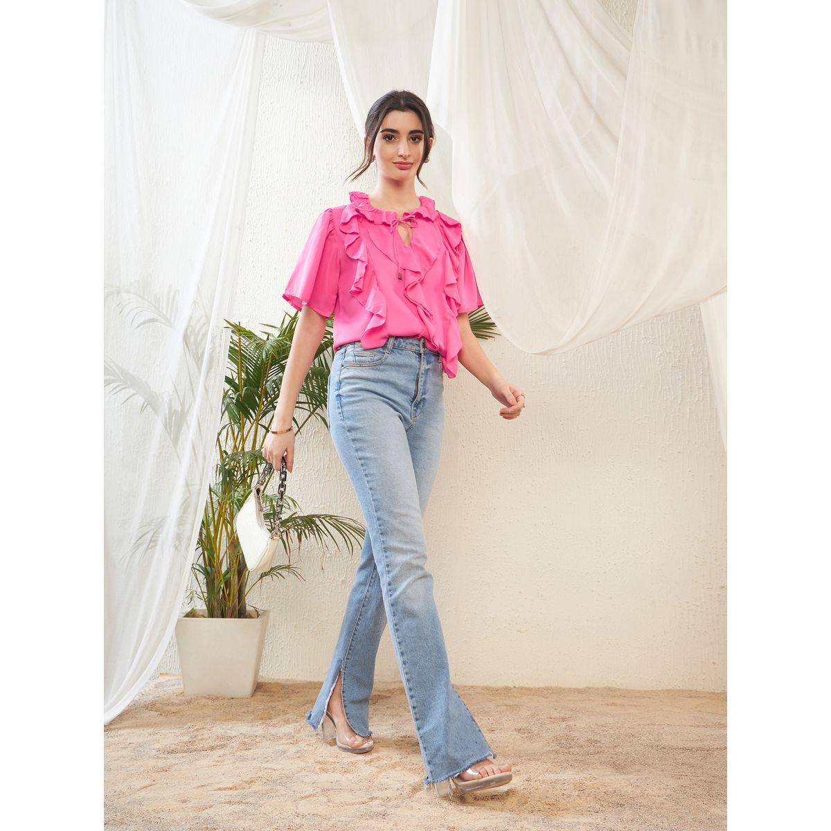 بلوزة باكمام جرس وكشكش مع ياقة بأربطة ساسافراس × ستايلي-women-clothing-shirtsandblouses-blouses-image-7