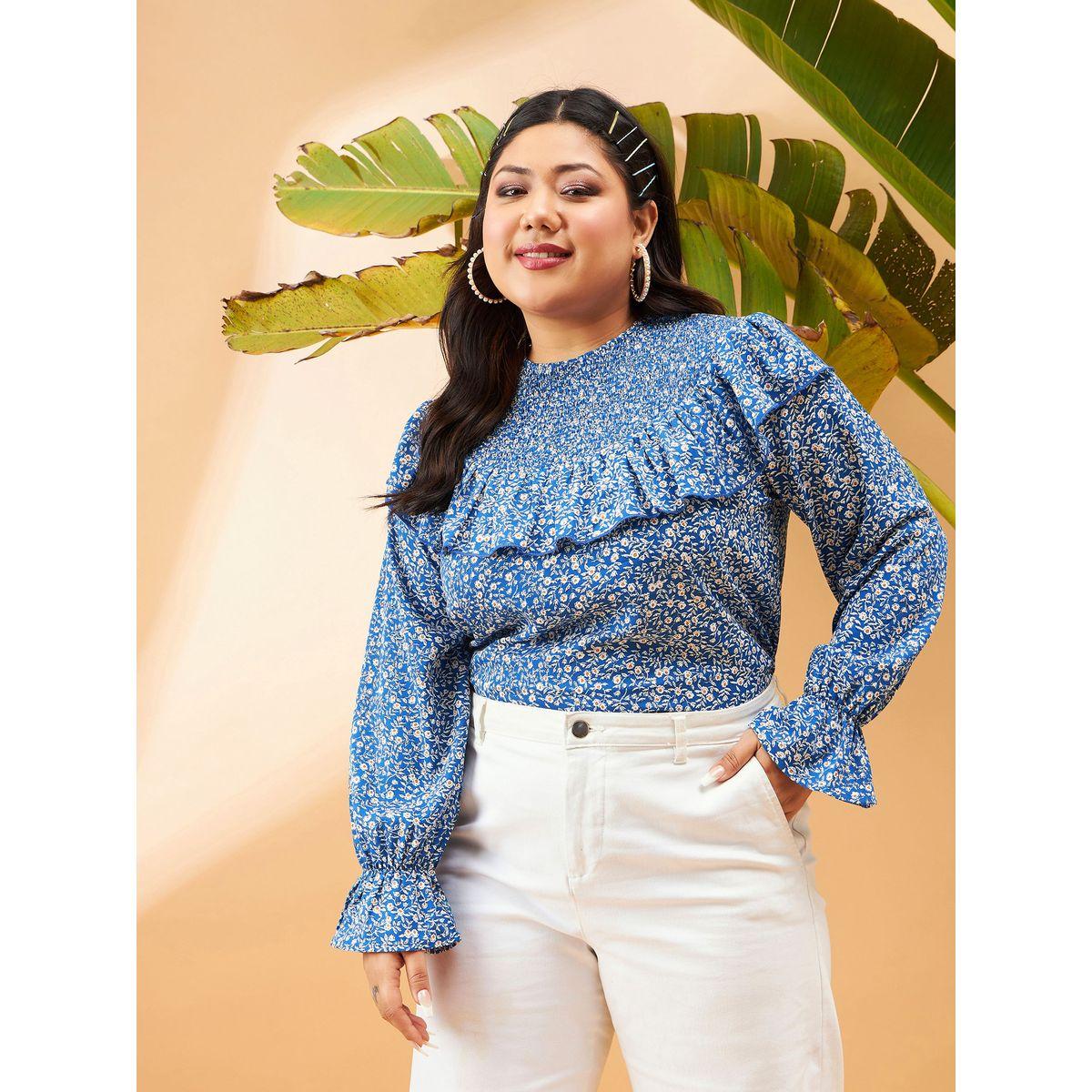 Sassafras X Styli  Plus Floral Print Smocking Detail Frill Top-women-clothing-shirtsandblouses-blouses-image-1