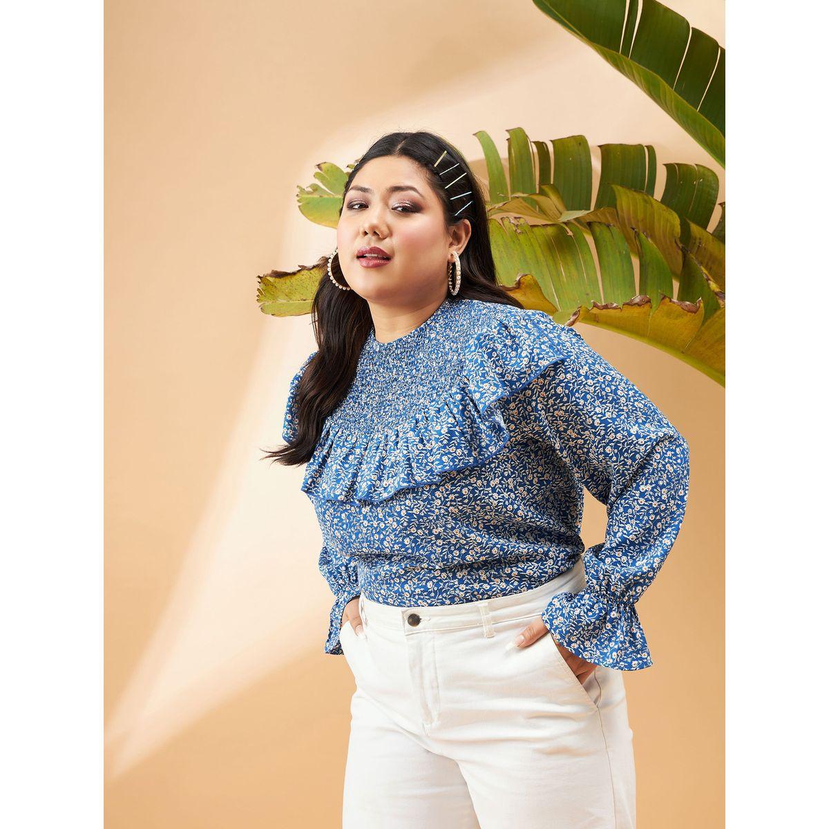 Sassafras X Styli  Plus Floral Print Smocking Detail Frill Top-women-clothing-shirtsandblouses-blouses-image-3