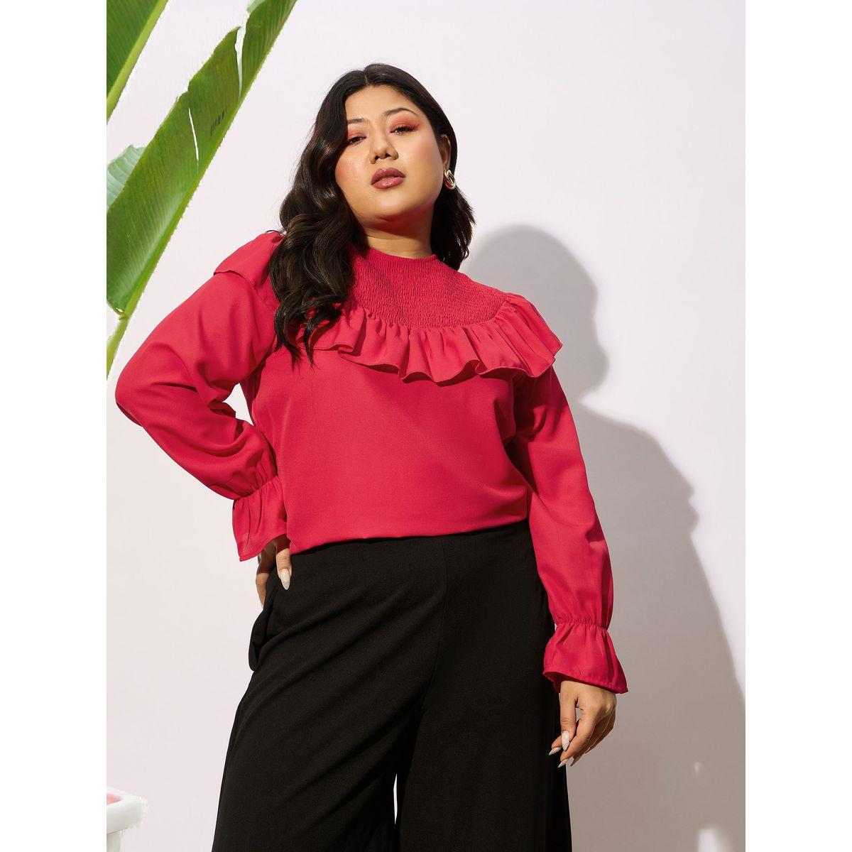 Sassafras X Styli  Plus Solid Smocking Detail Frill Top-women-clothing-shirtsandblouses-blouses-image-1