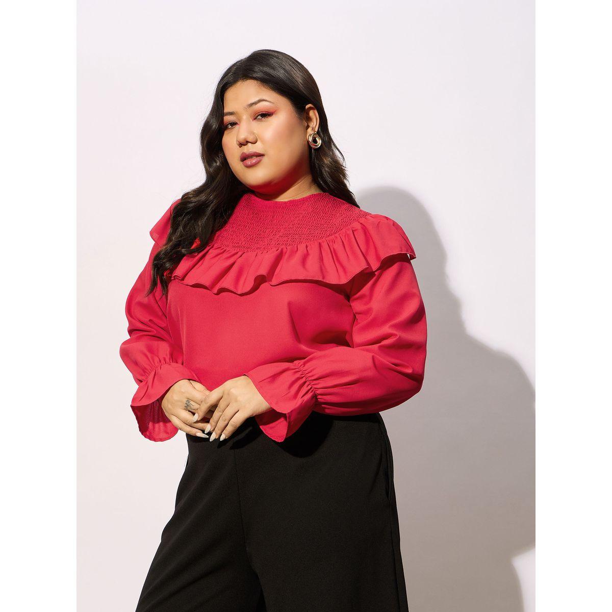 Sassafras X Styli  Plus Solid Smocking Detail Frill Top-women-clothing-shirtsandblouses-blouses-image-2