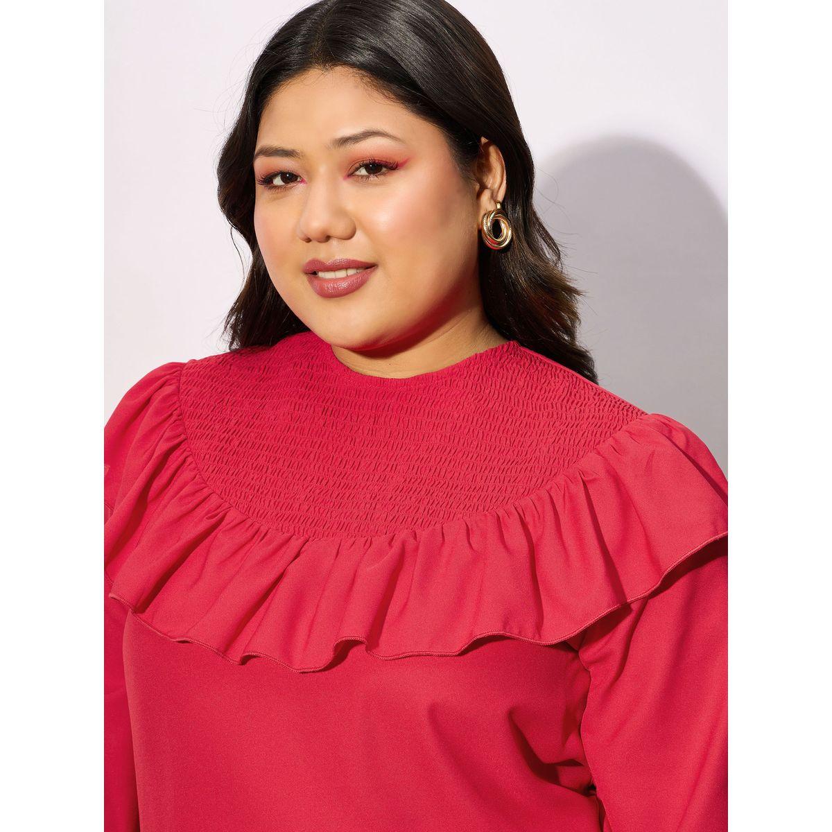 Sassafras X Styli  Plus Solid Smocking Detail Frill Top-women-clothing-shirtsandblouses-blouses-image-3