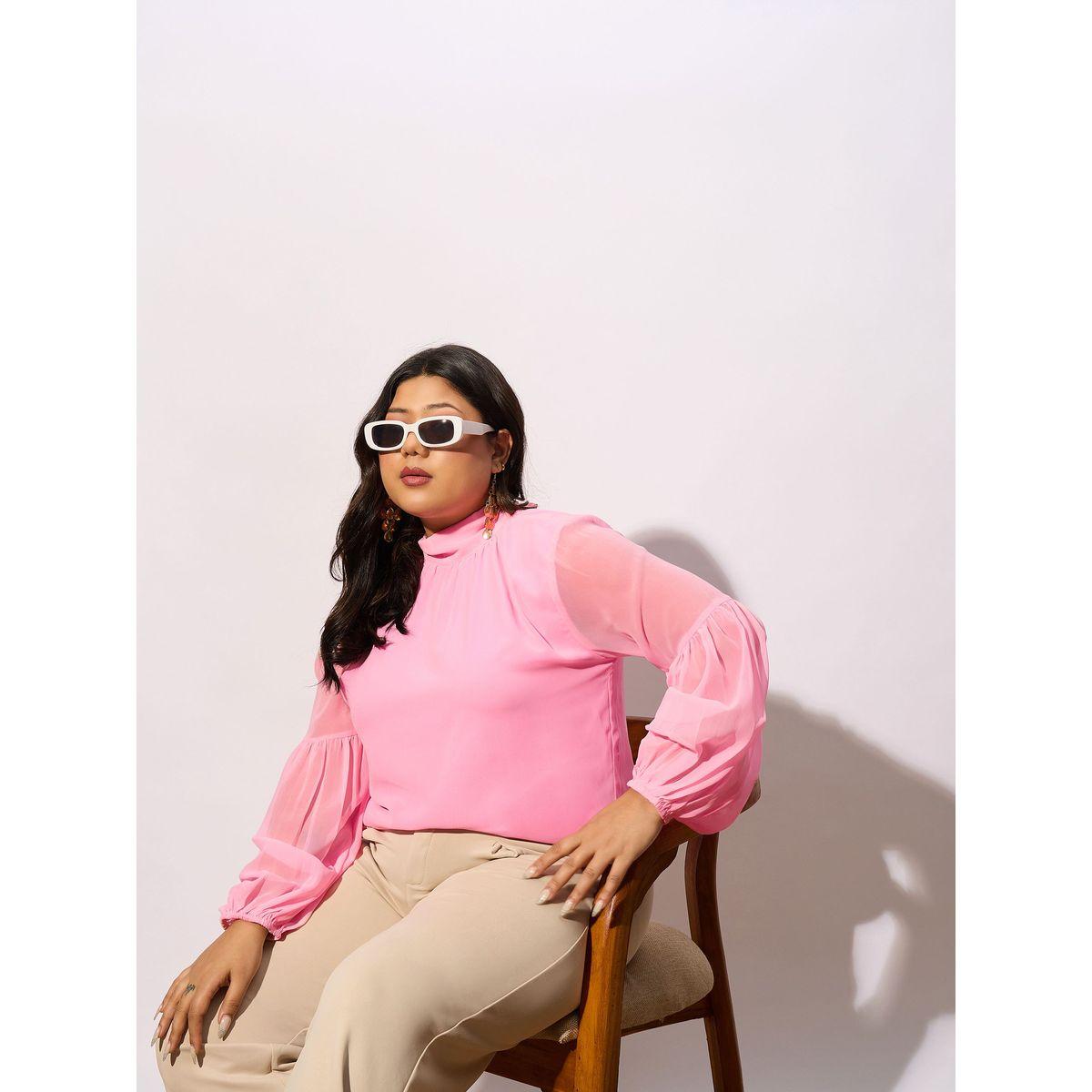 بلوزة بمقاس كبير مع ياقة عالية واكمام بيشوب ساسافراس × ستايلي-women-clothing-shirtsandblouses-blouses-image-1