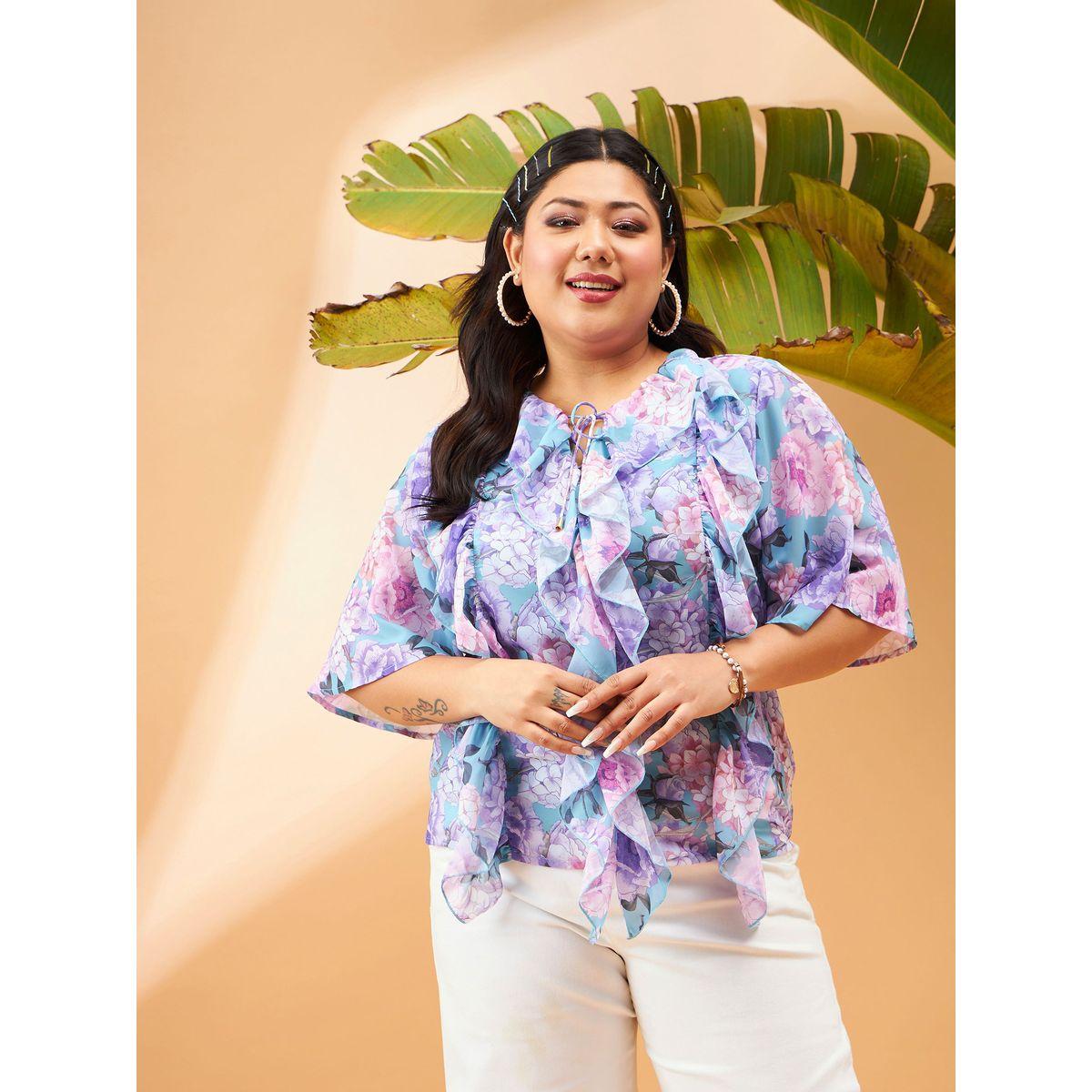 بلوزة بمقاس كبير وطبعة زهور مع ياقة بأربطة وكشكش ساسافراس × ستايلي-women-clothing-shirtsandblouses-blouses-image-1