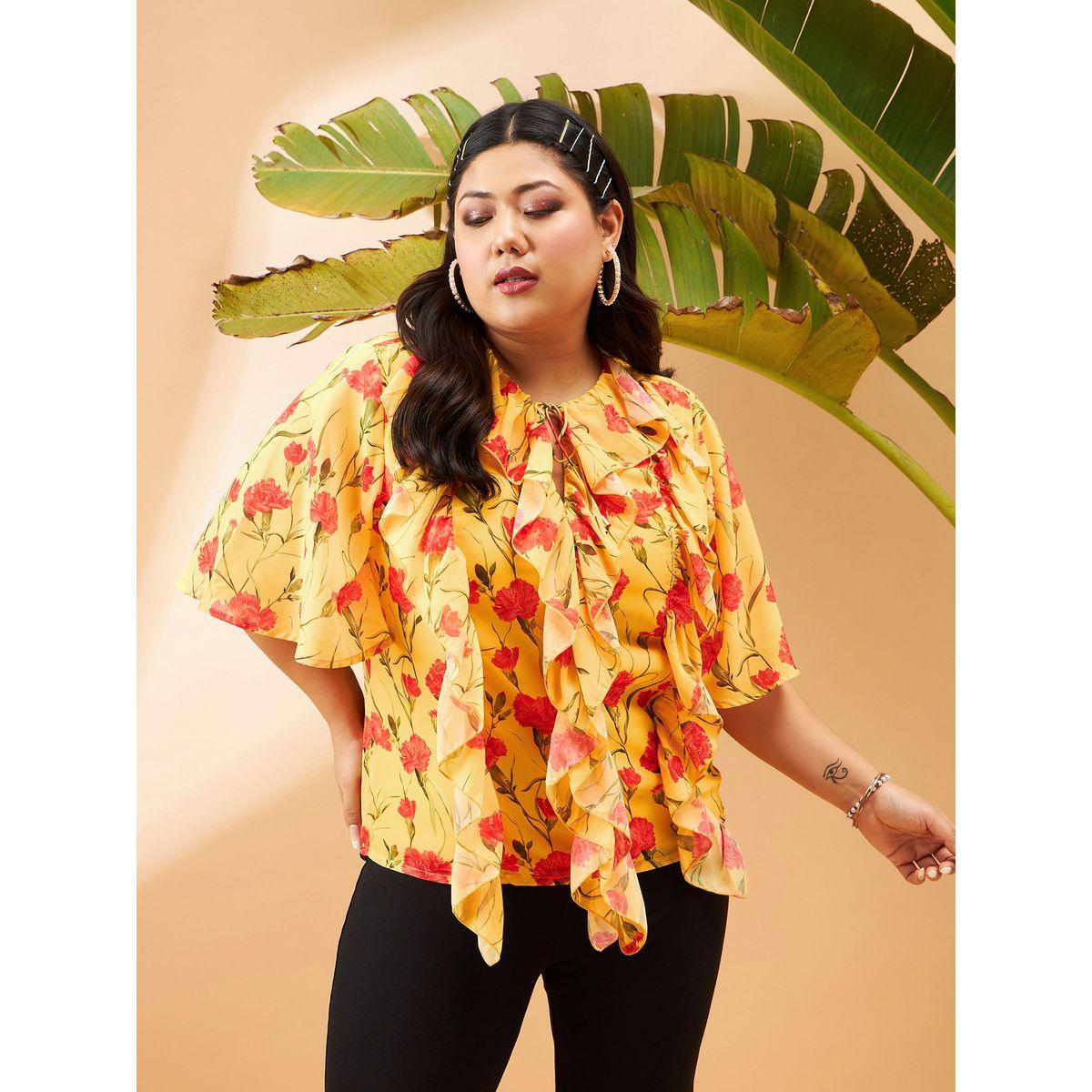بلوزة بمقاس كبير وطبعة زهور مع ياقة بأربطة وكشكش ساسافراس × ستايلي-women-clothing-shirtsandblouses-blouses-image-1
